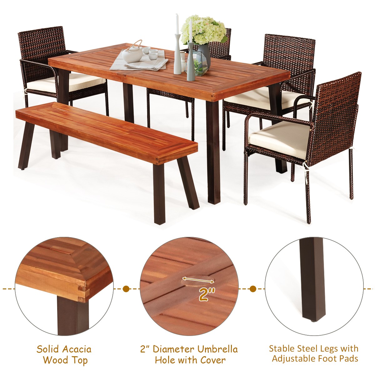 Patiojoy Outdoor 6PCS Rattan Dining Set Acacia Wood Tabletop Cushioned Chair