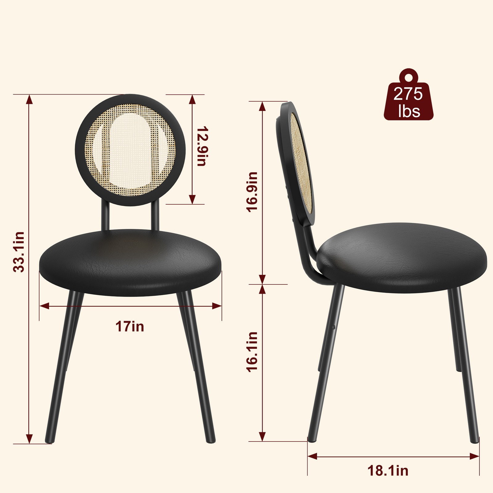 2/4 Pack Round Rattan Chairs Faux Leather Padded Seat Chairs for Dining Room US