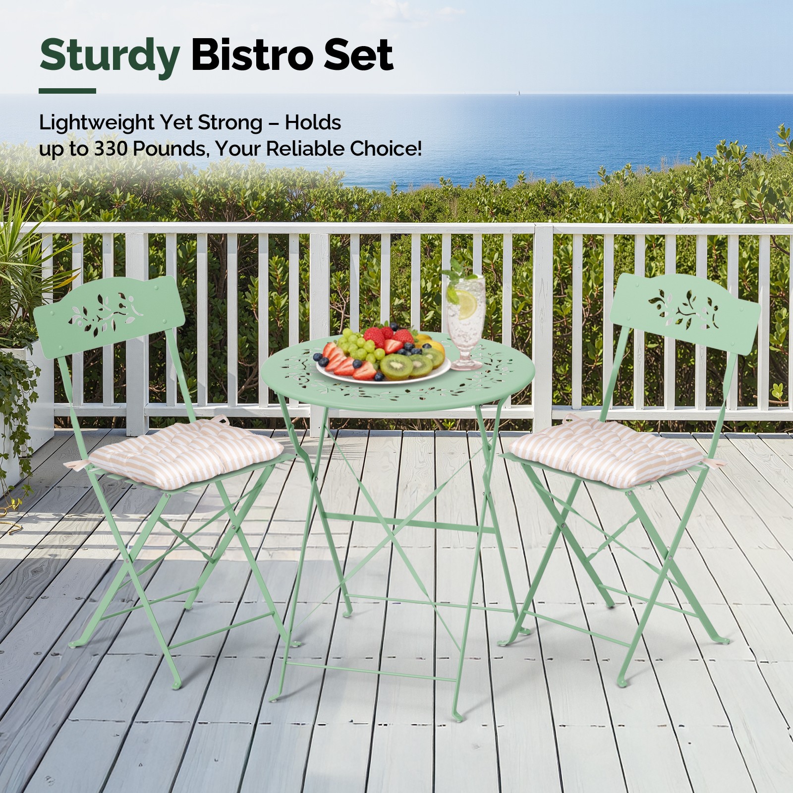 3PC Folding Bistro Table Chairs, Dining Set with 2-Seat Cushions for In/Outdoor