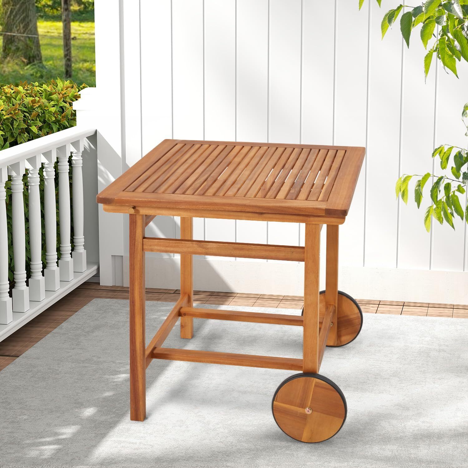 Outdoor Patio Dining Set, Acacia Wood Outdoor Table and Chairs with Wheels
