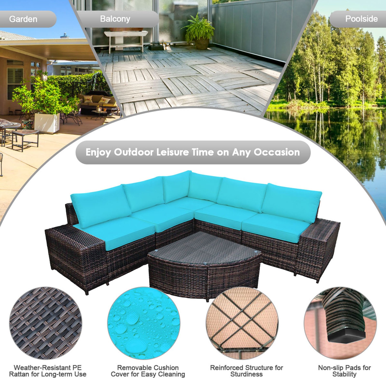 6PCS Wicker Furniture Sectional Sofa Set w/ Cushions Turquoise