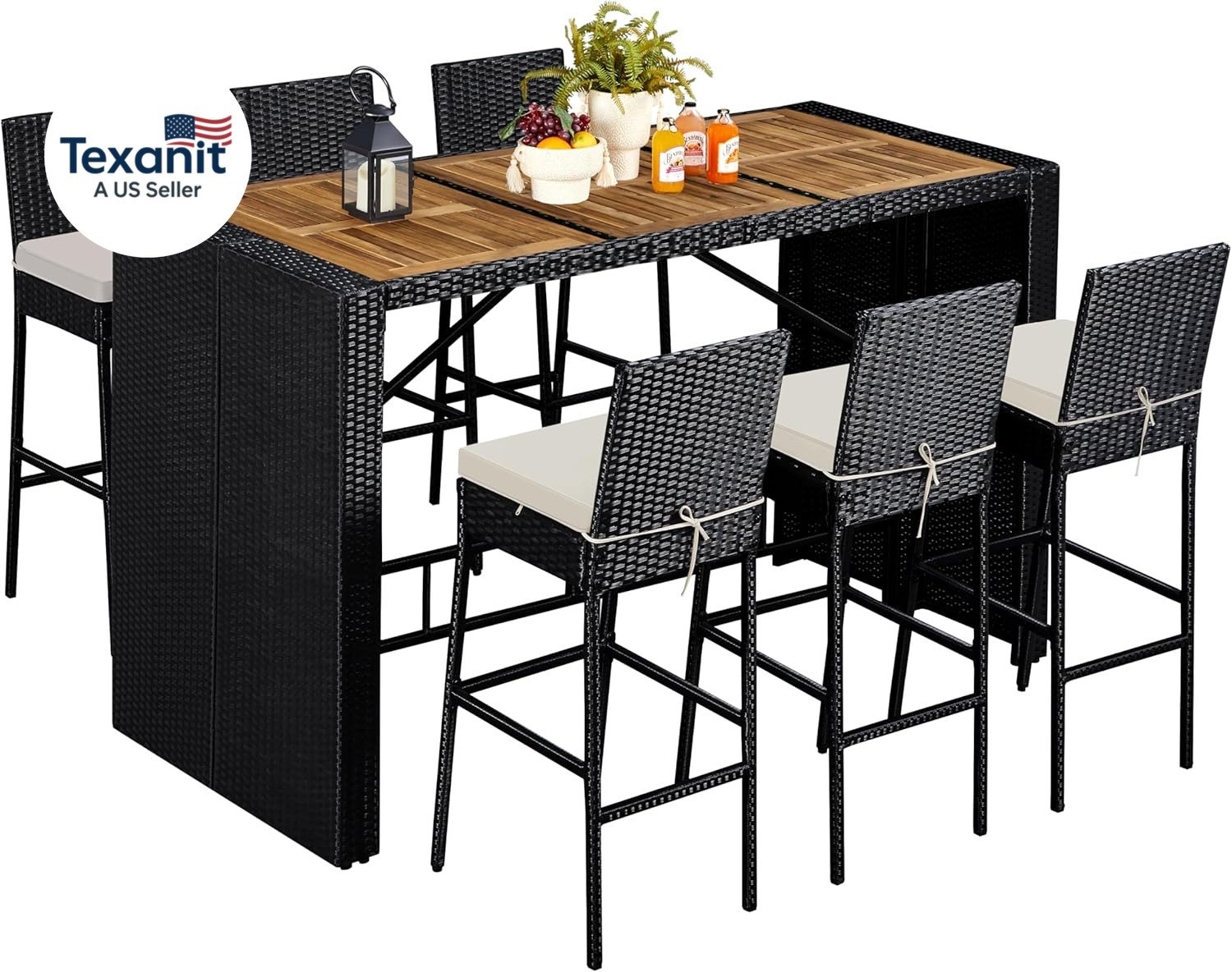 7 Piece Patio Dining Set Outdoor Acacia Wood Bar Table and Chairs with Removable