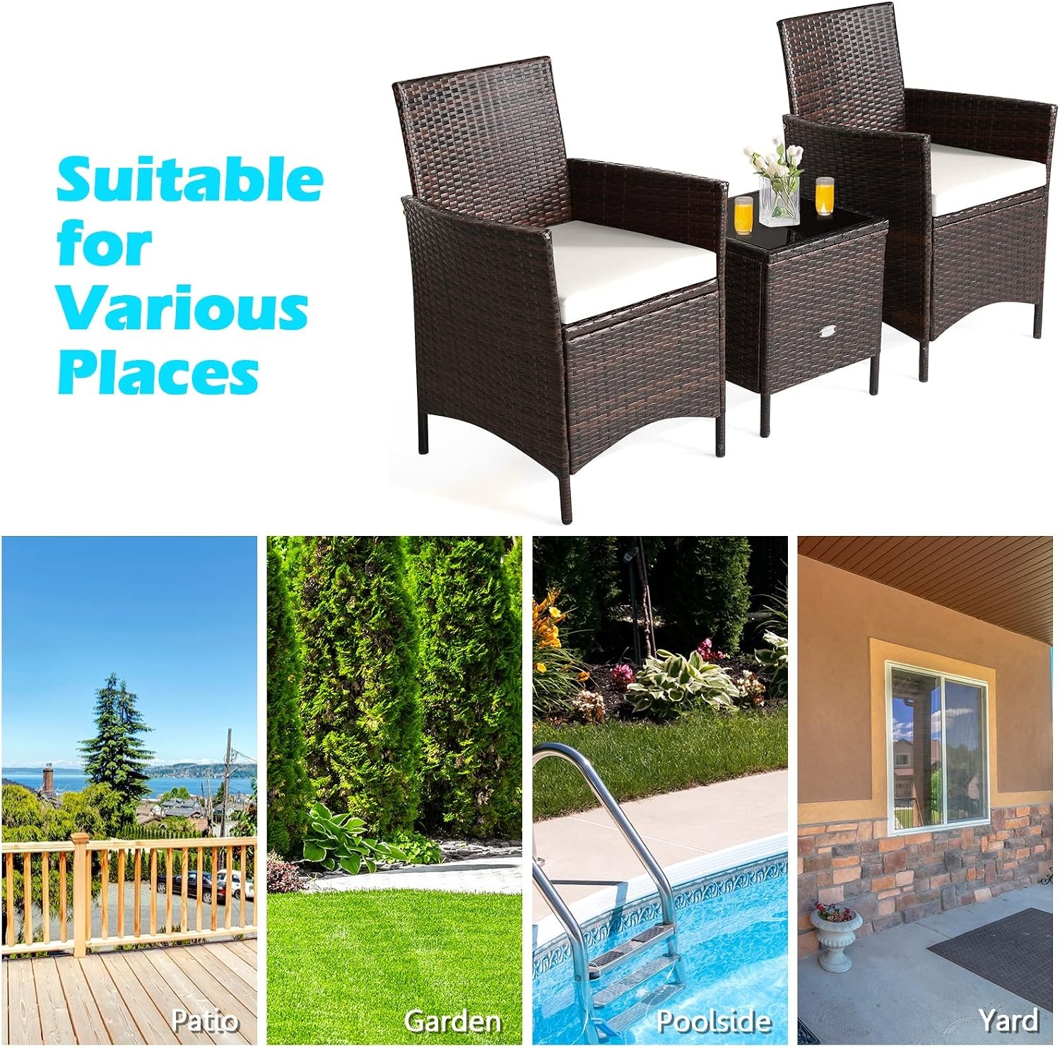 3 PCS Patio Furniture Set Wicker Outdoor Furniture W/ Water-Resistant Cushion