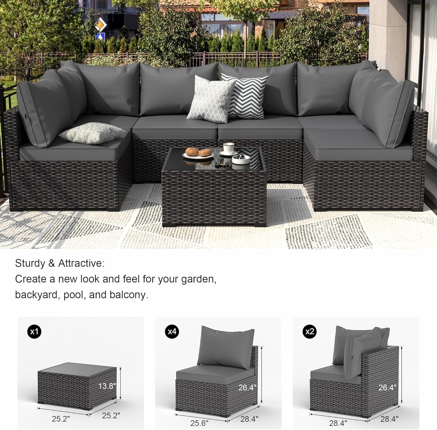 7PCS Outdoor Sectional PE Rattan Patio Conversation Set w/ Table for Balcony