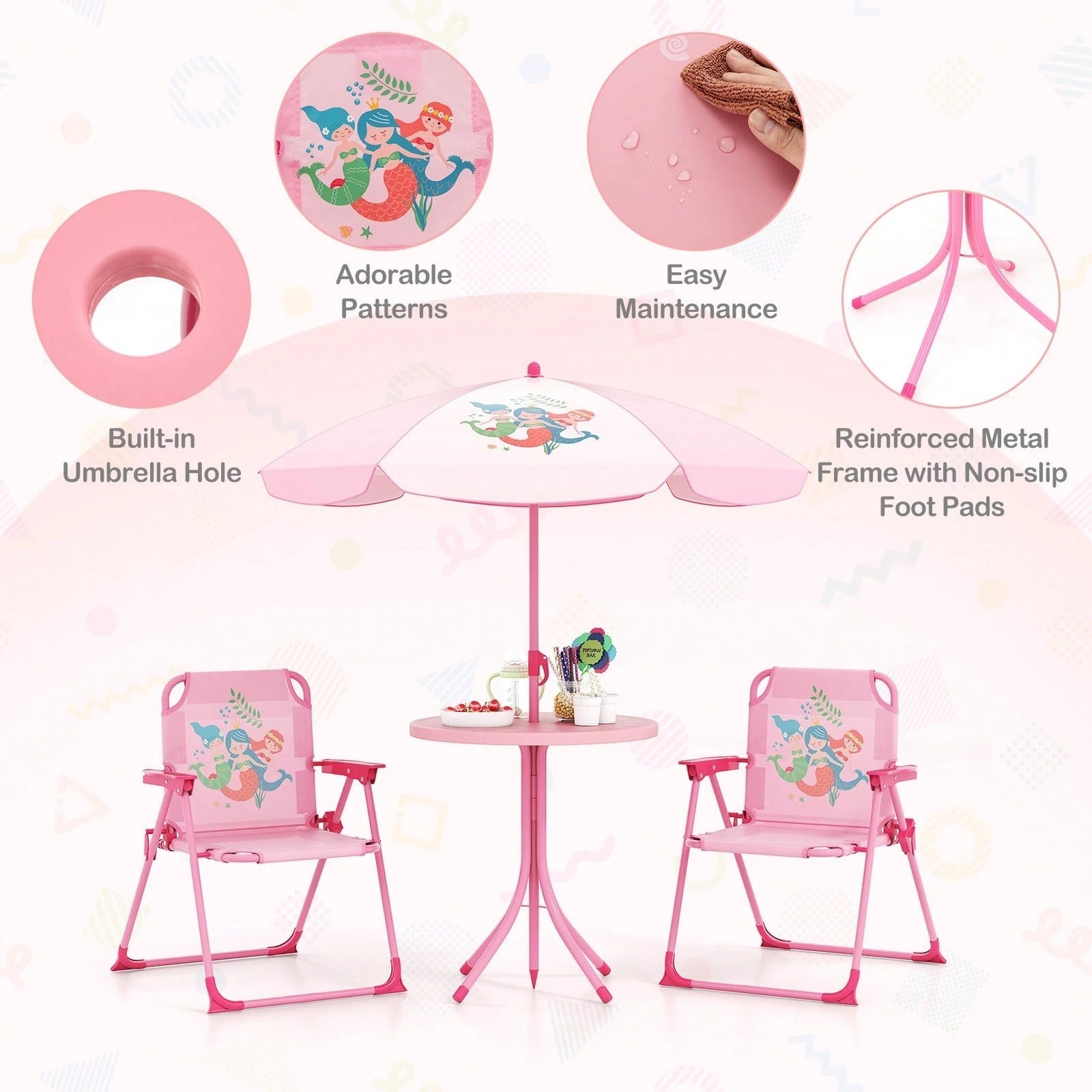 Kids Patio Picnic Table 2 Folding Chairs Set w/ Umbrella Toddlers Pink Mermaid