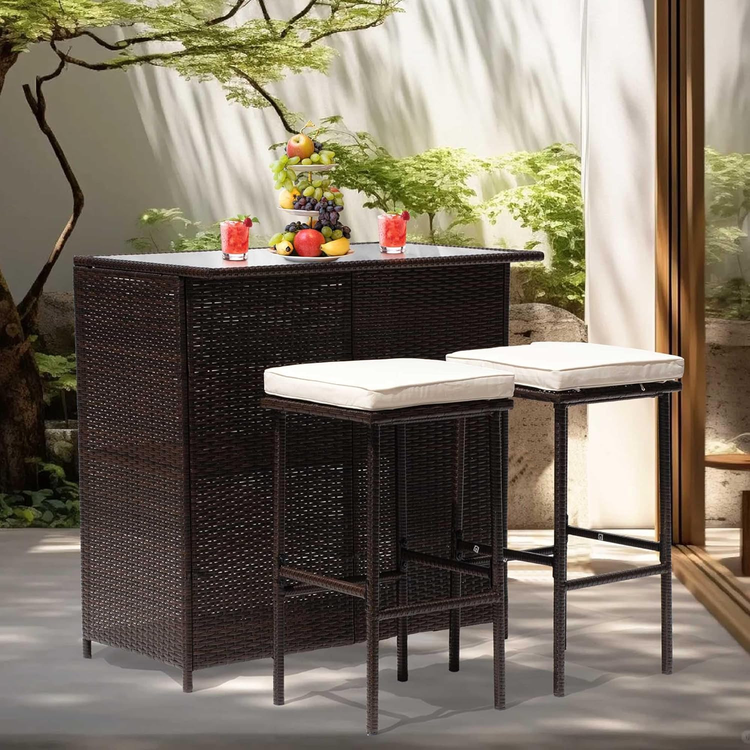 Paylesshere Rattan Bar Set 3Pcs Patio Wicker Bistro Set Sturdy Frame Bar Height