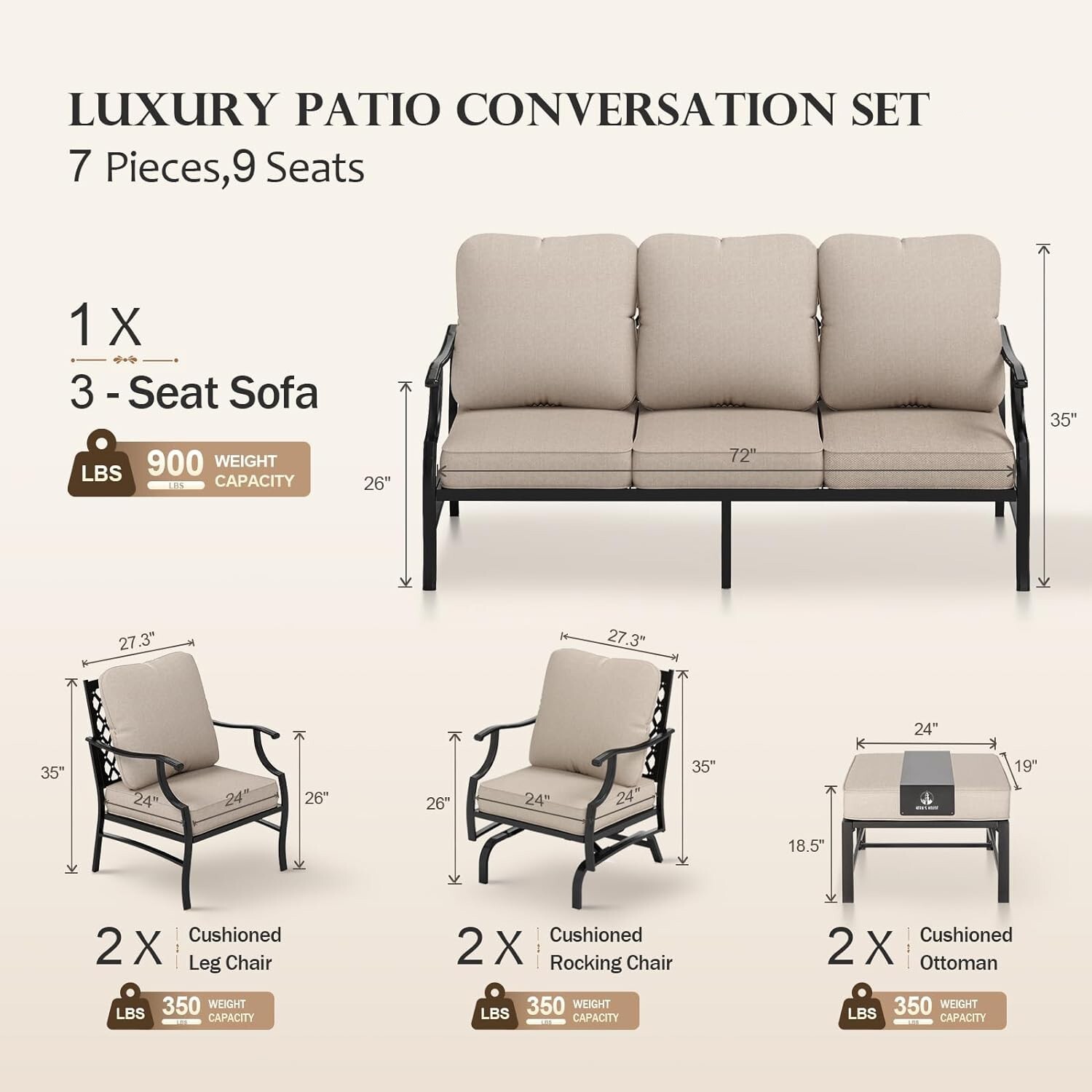 7 Piece Patio Furniture Set Outdoor Conversation Set for Lawn Garden Backyard US