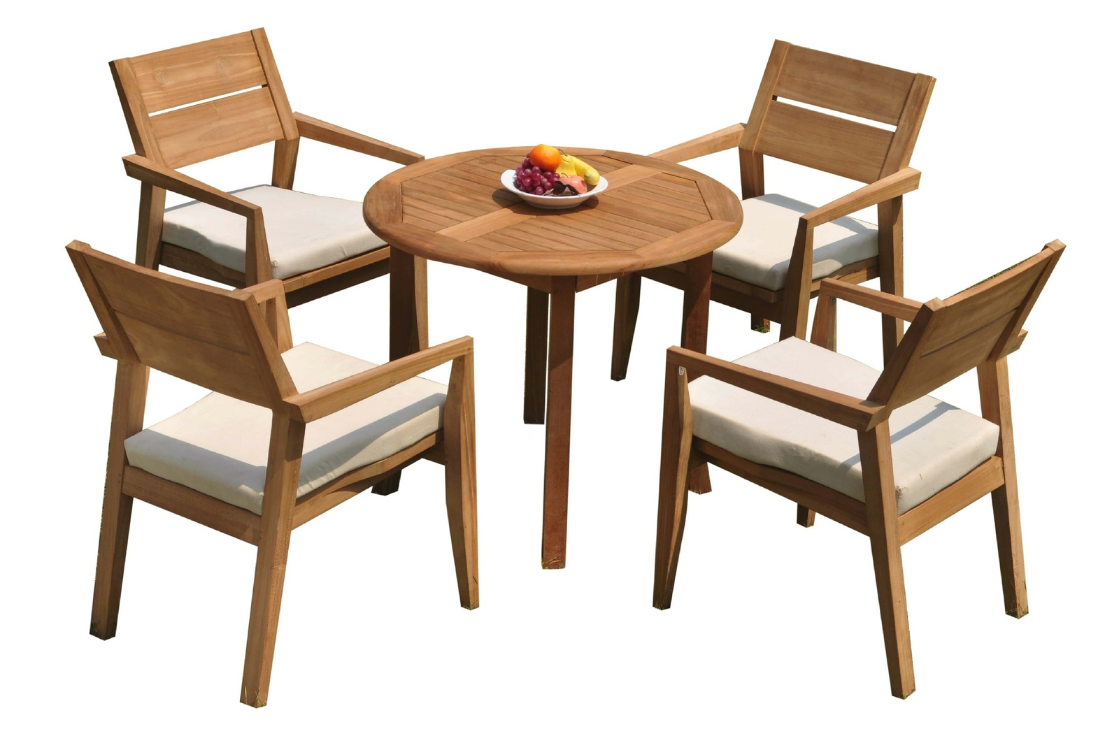 A-Grade Teak 5pc Dining 36″ Round Table 4 Vellore Stacking Arm Chairs Set Patio