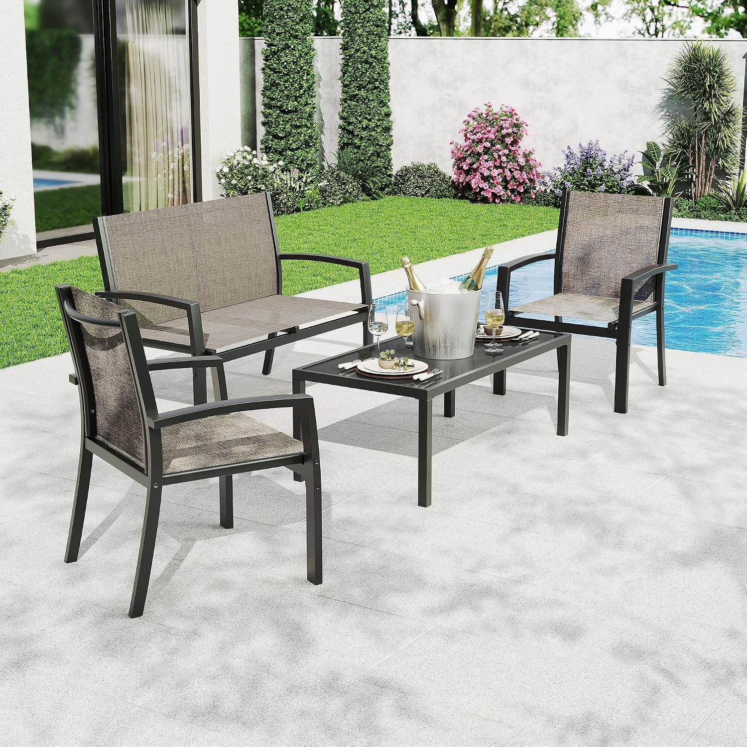 4 Piece Patio Conversation Set Loveseat 2 Chairs Coffee Table Textilene Seats