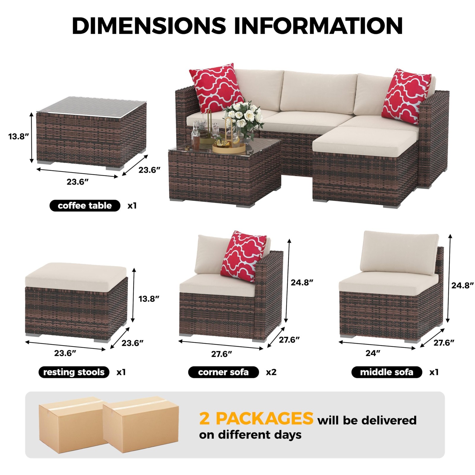 5Piece Patio Furniture Set Rattan Chairs w/ Soft Cushion,Glass Table(No pillows)
