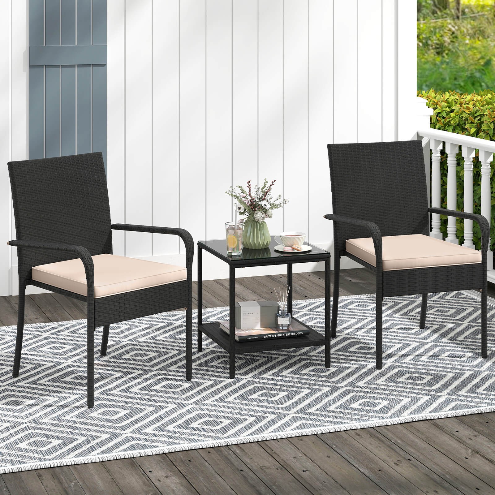 3 PCS Patio Furniture Set w/2-Tier Table Tempered Glass Tabletop & Soft Cushions