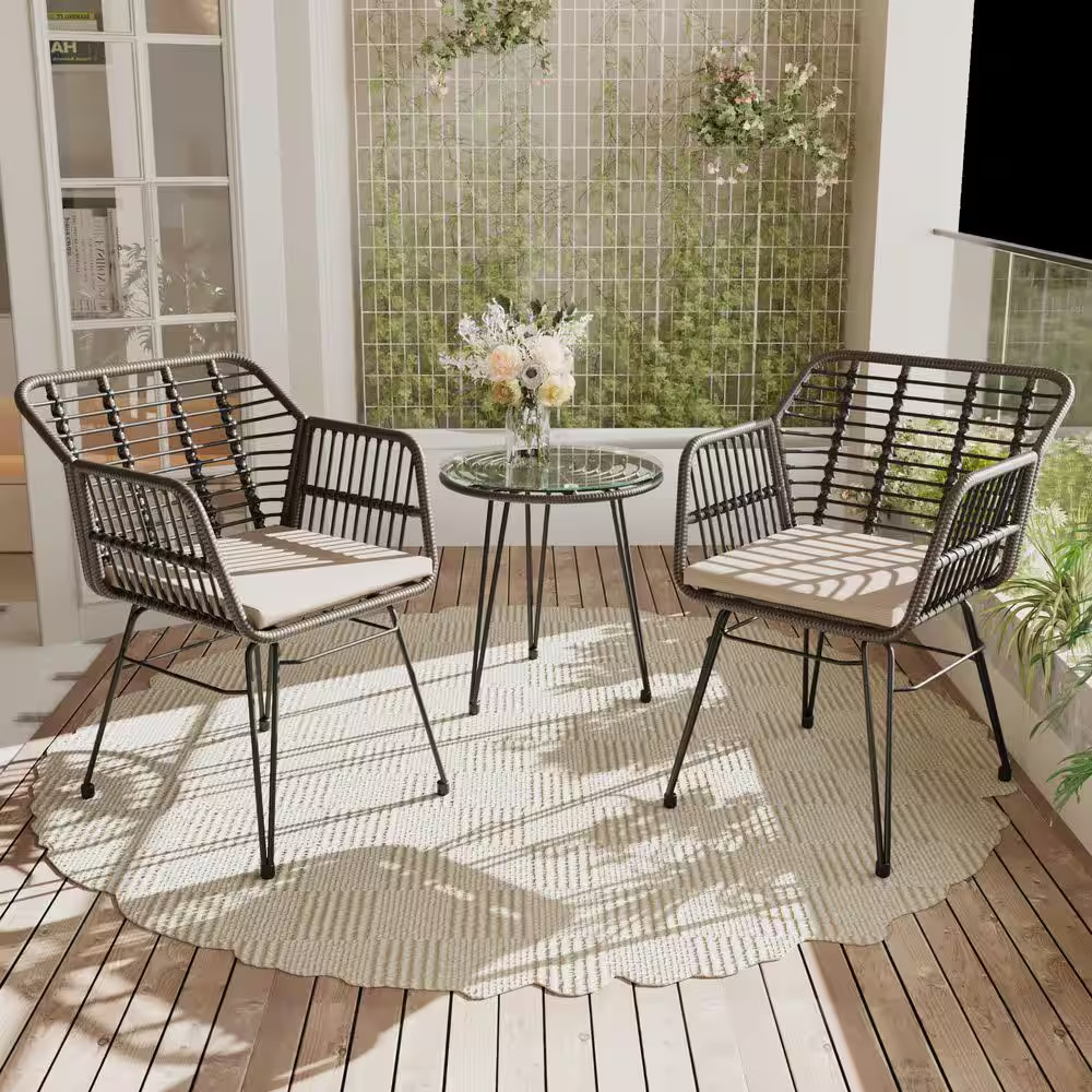 3-Piece Brown Wicker Outdoor Chat Set Bistro Chairs with Side Table and Beige Cu