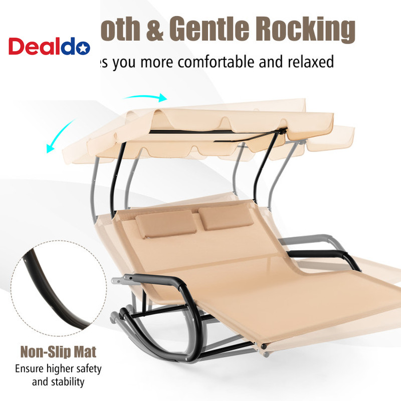 Outdoor 2 Persons Rocking Chaise Lounge with Canopy and Wheels