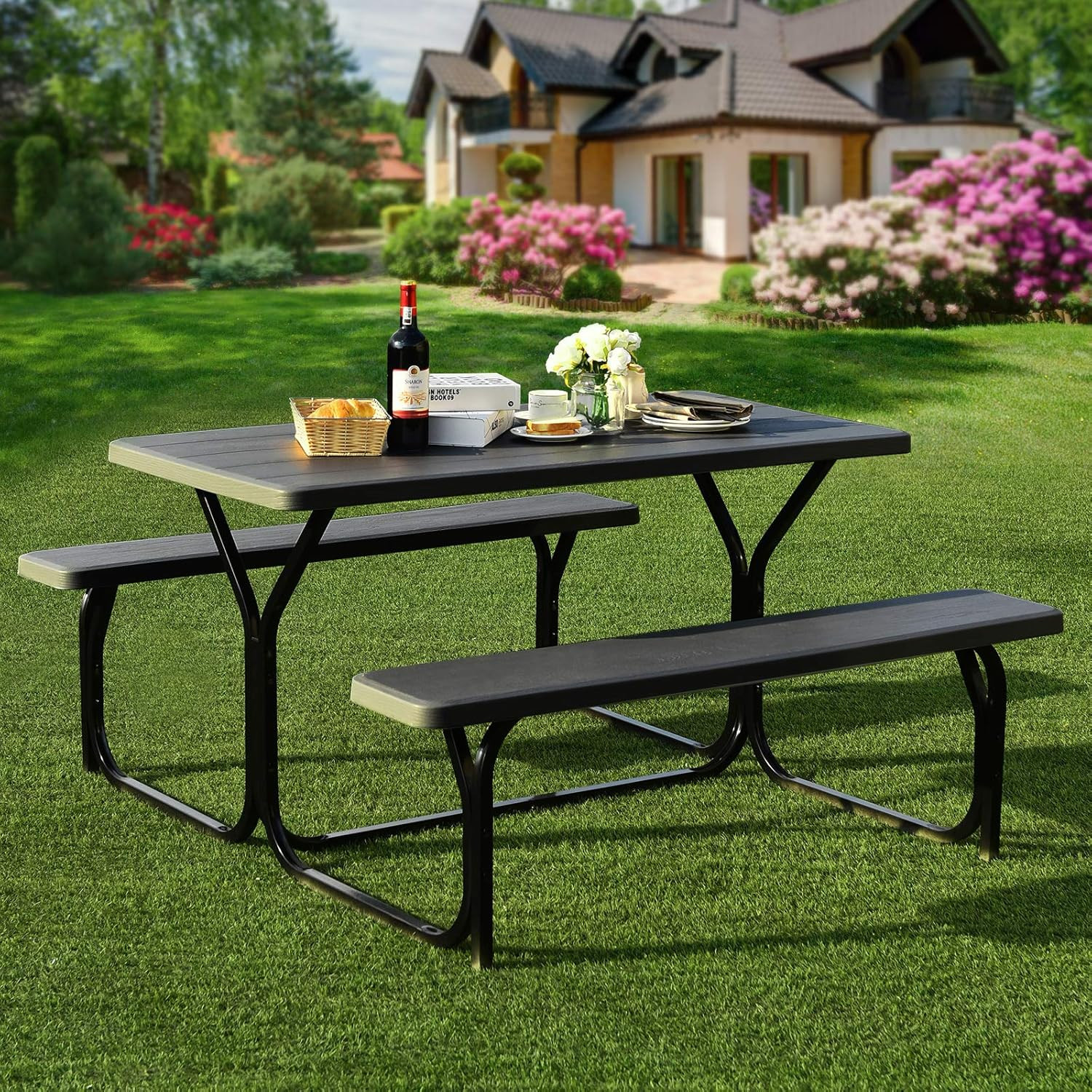 Giantex Picnic Bench Set Outdoor Camping All Weather Metal Base Wood-Like Textur