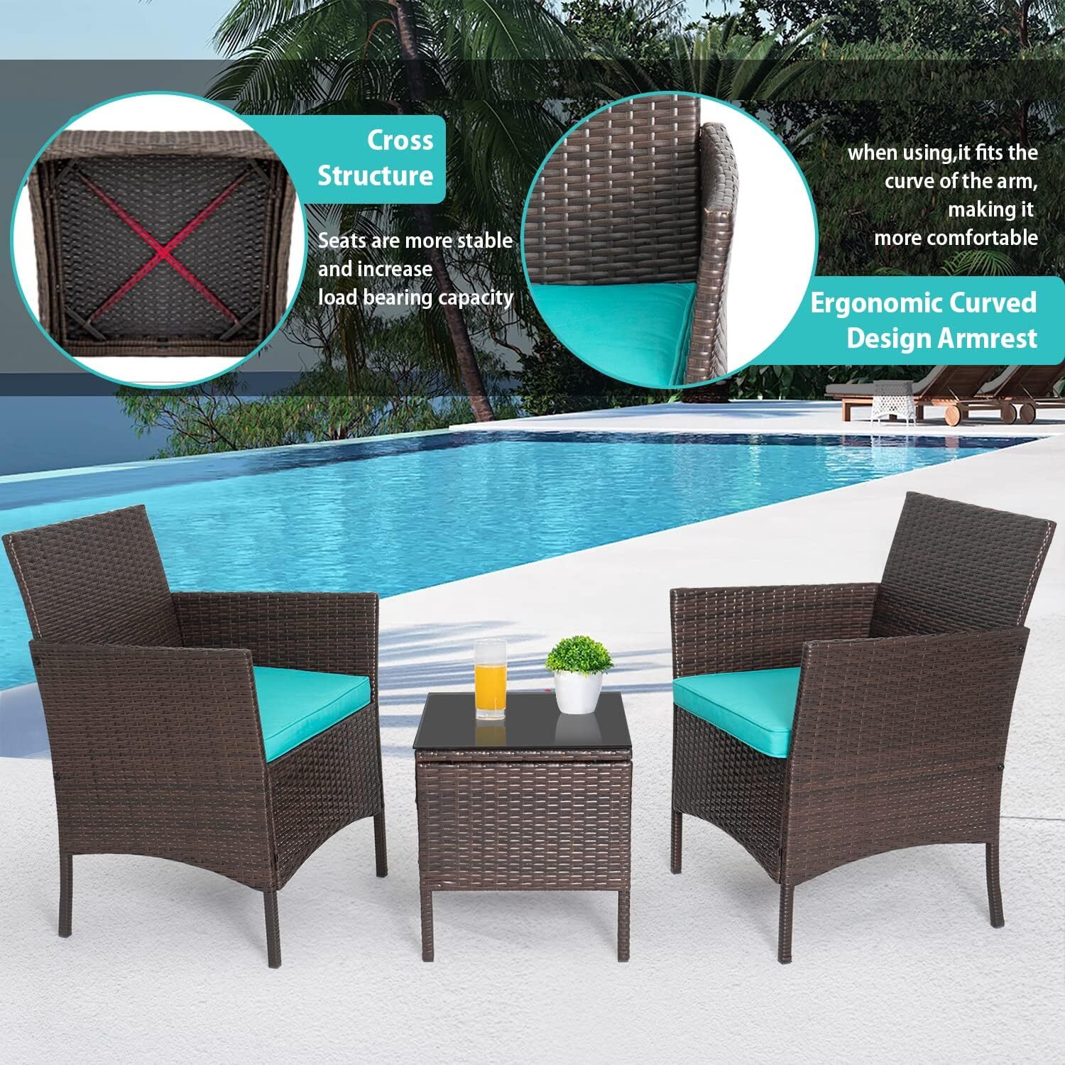 3-Piece Outdoor Wicker Conversation Bistro Set Outdoor Patio Porch Furniture Set