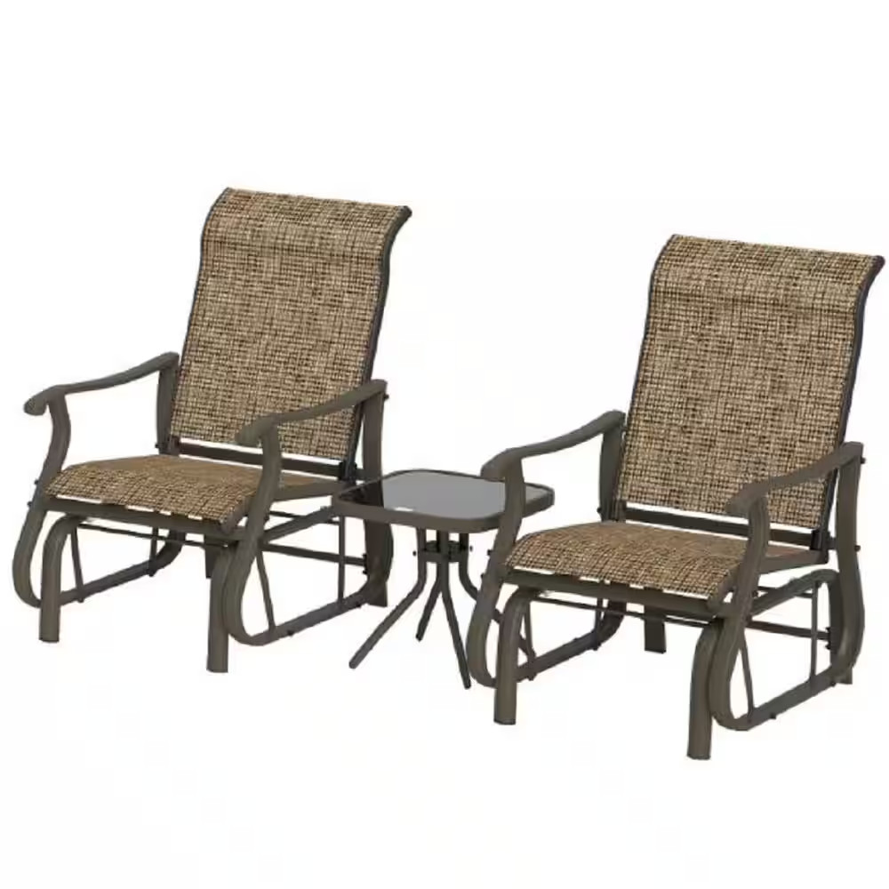 3-Piece Brown Metal Outdoor Bistroor Set, Gliding Chairs Set with Tempered Glass