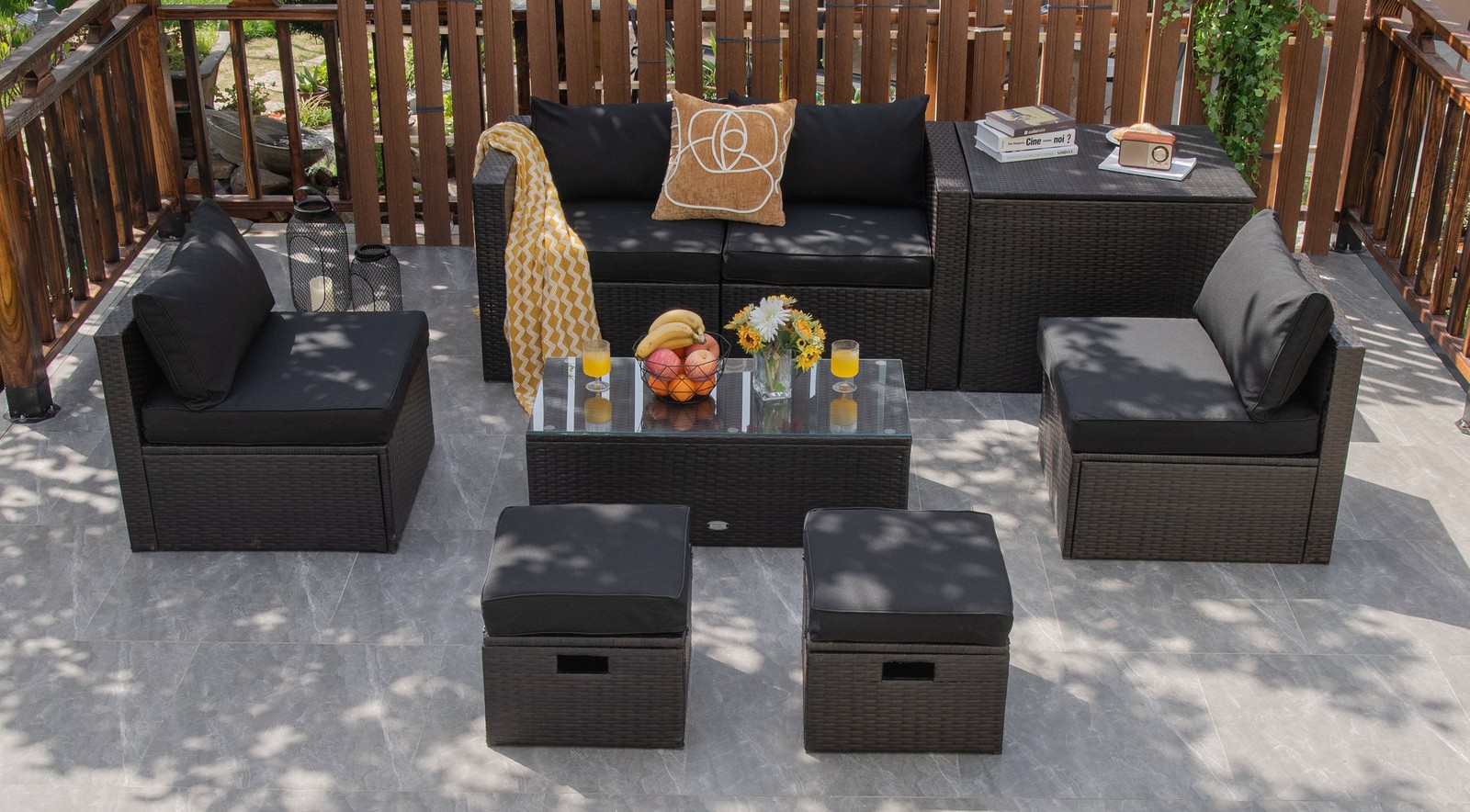 Patiojoy Patio 8PCS Rattan Furniture Set Space-Saving Storage Cushion Black