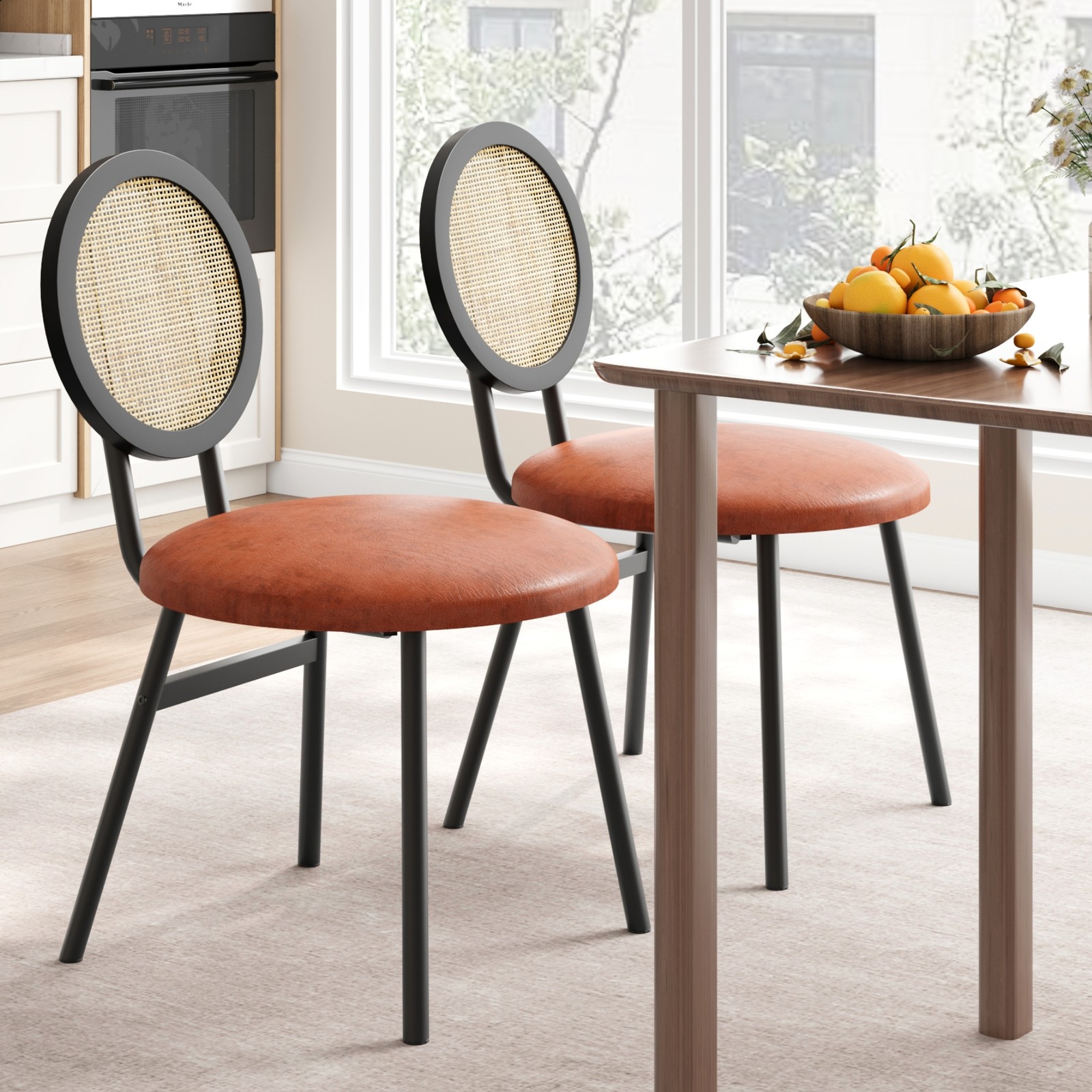 2/4 Pack Round Rattan Chairs Faux Leather Padded Seat Chairs for Dining Room US