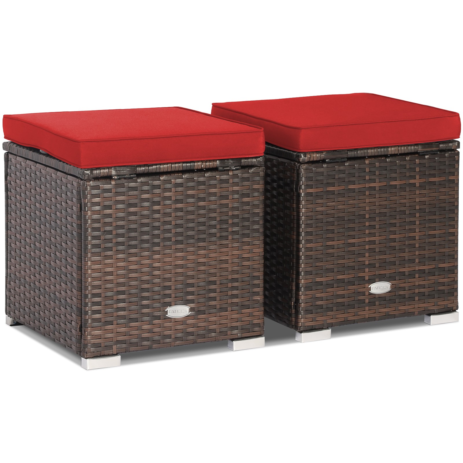 2-Piece Rattan Ottoman Set Storage Boxes Side Tables with Red Cushions