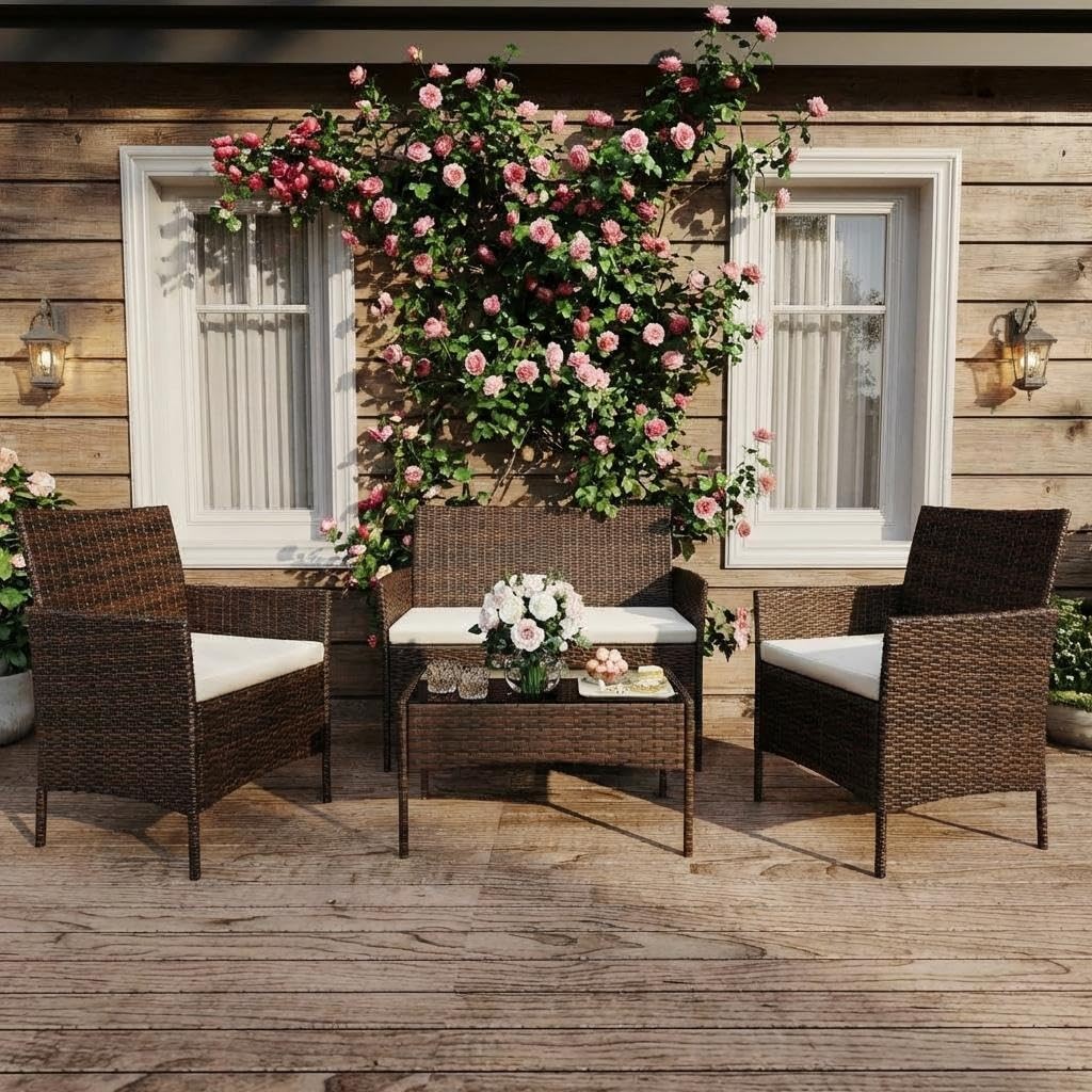 Patio Furniture Set, Outdoor Wicker Conversation Set with Cushion & Coffee Table