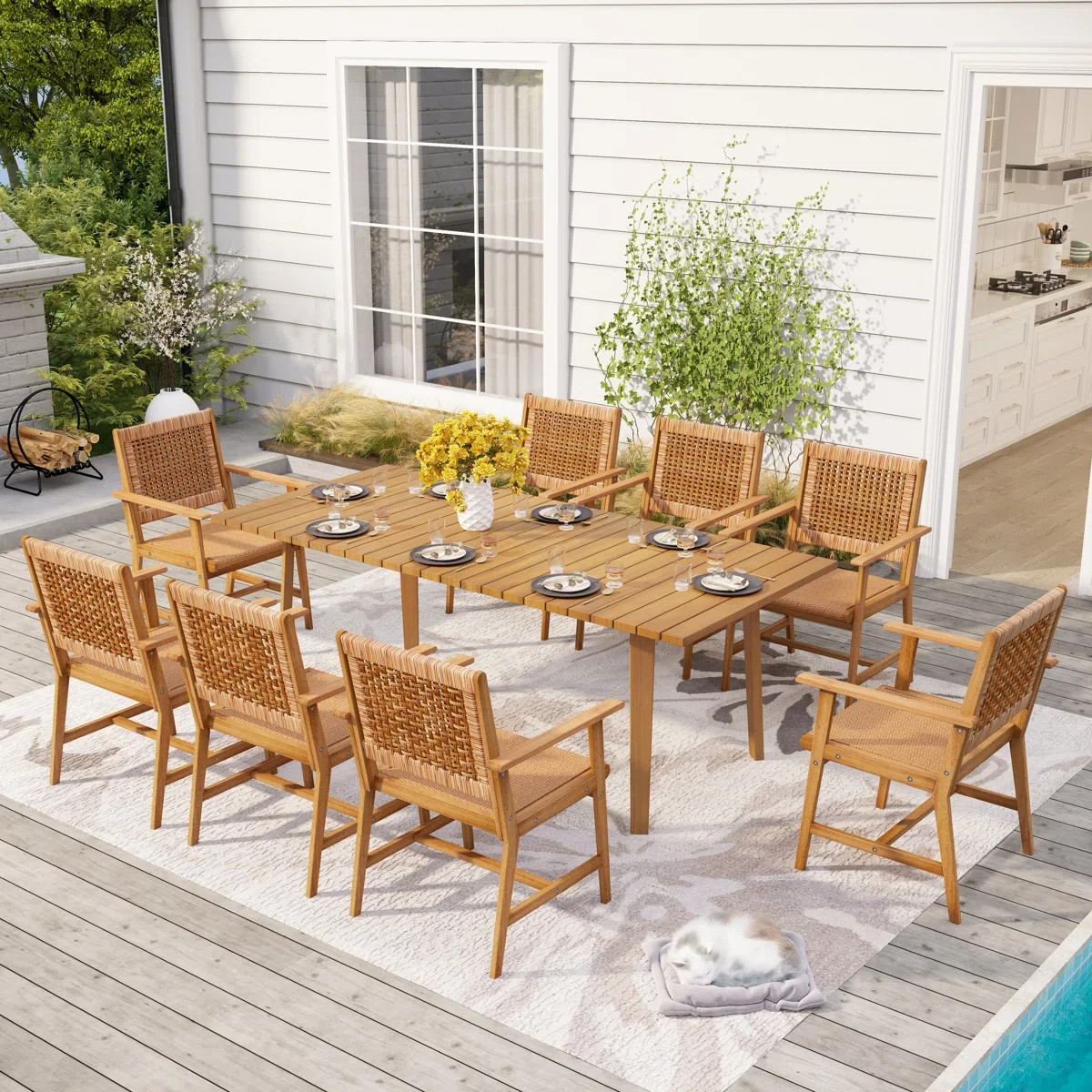 (REDUCED) Patio Dining Set (9 pc) (Solid Wood/Rattan) (Free Shipping)