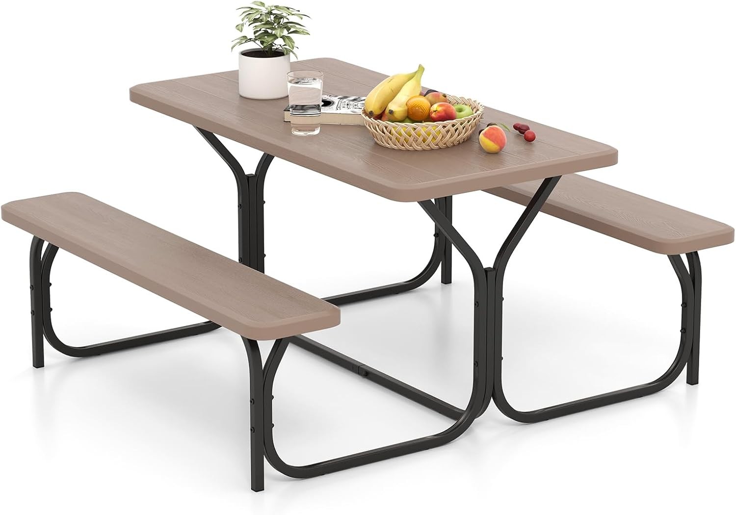 Picnic Table Bench Set Outdoor Camping All Weather Metal Base Wood-Like Texture