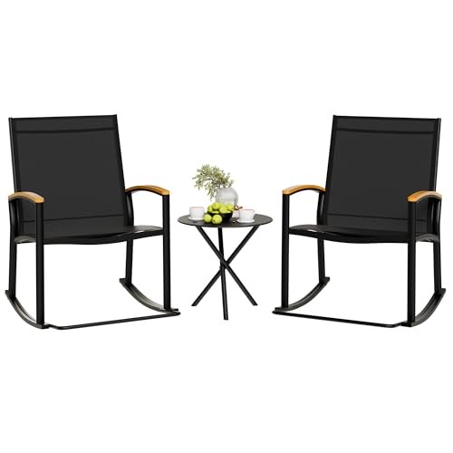 3 Piece Outdoor Rocking Bistro Set, Textilene Fabric Small Patio Black