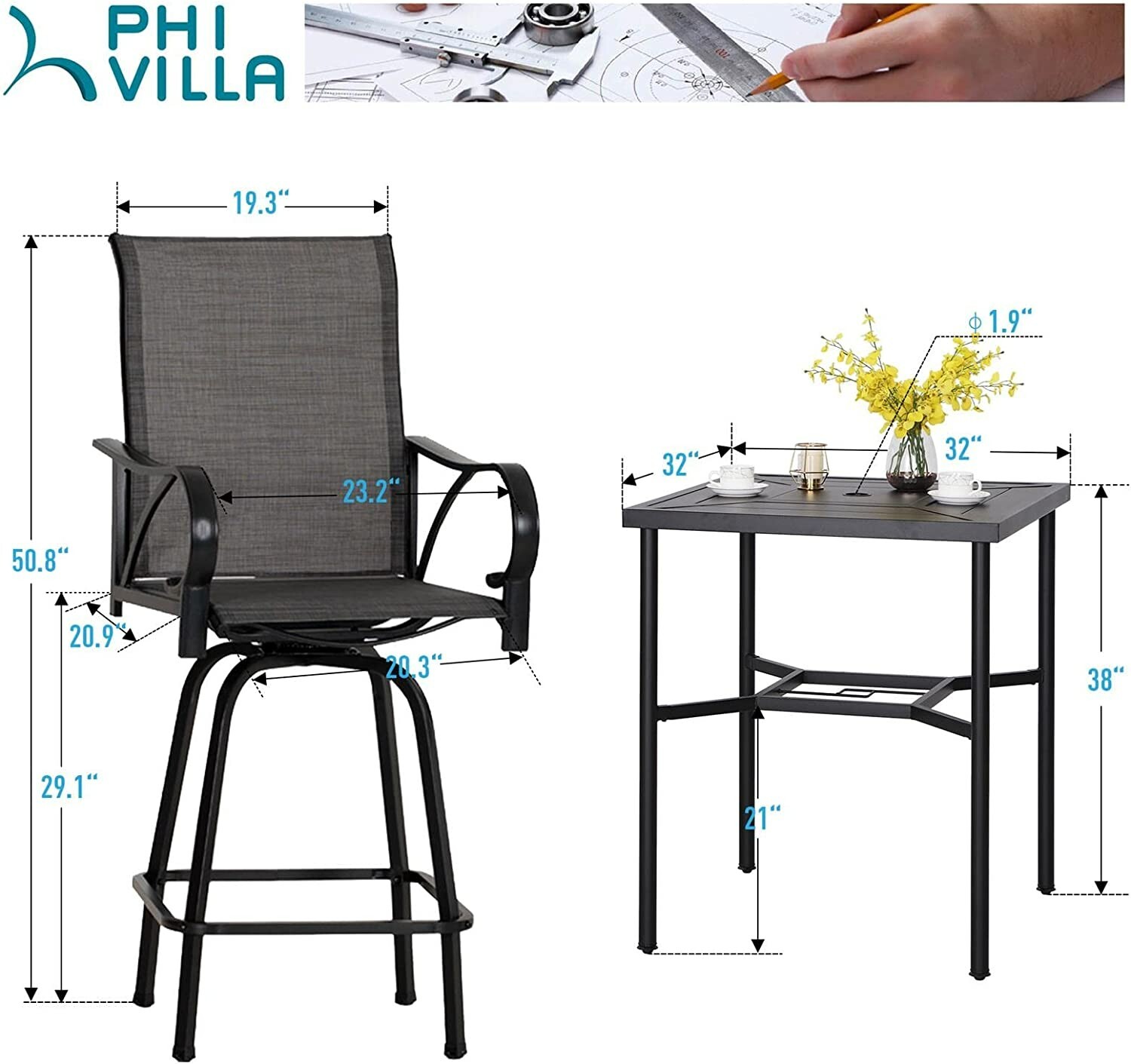 5 Piece Bar Height Patio Dining Set Outdoor Table Chair For Garden Heavy Duty