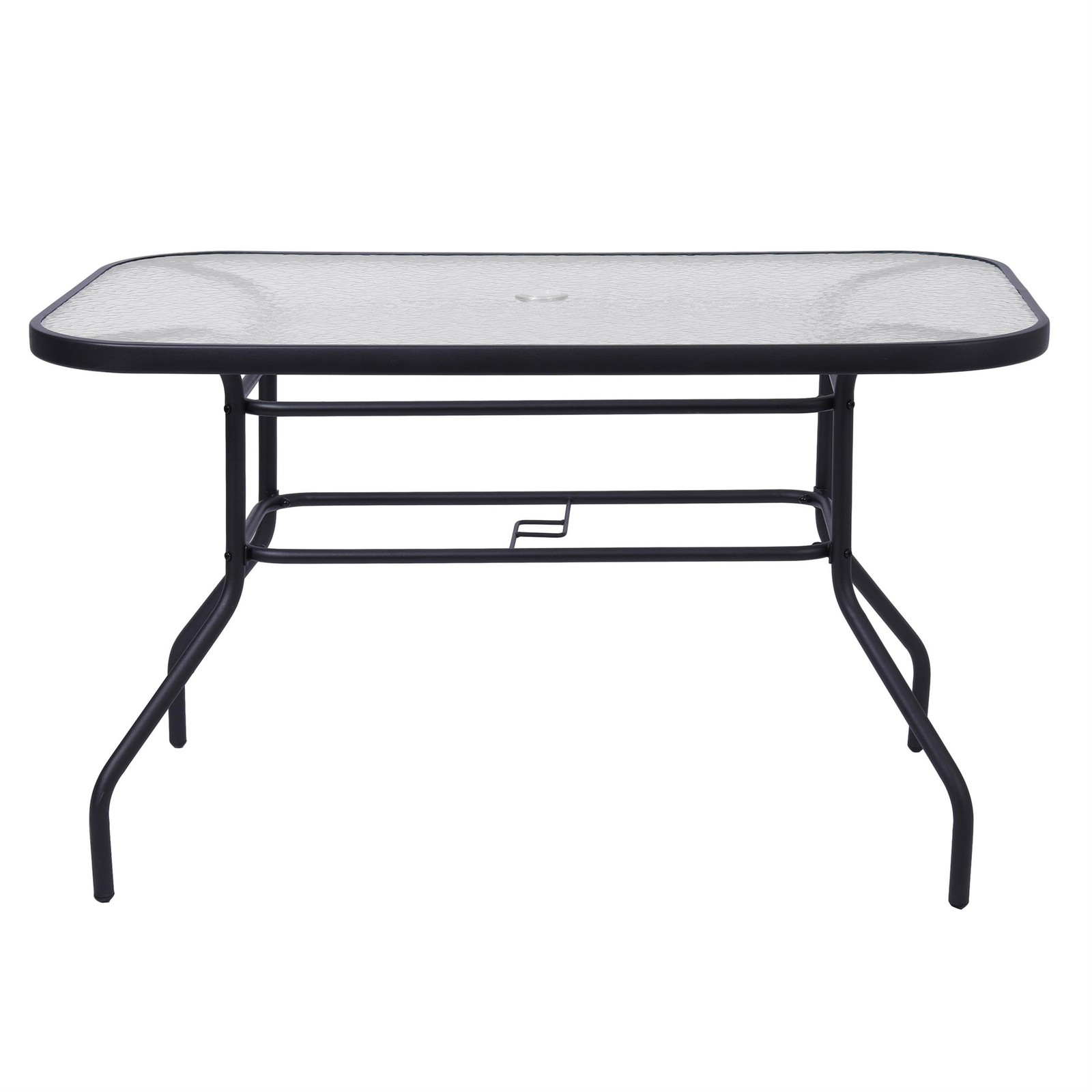 Commercial 47.25×27.5 Tempered Glass and Steel Patio Table – Umbrella Hole-Black