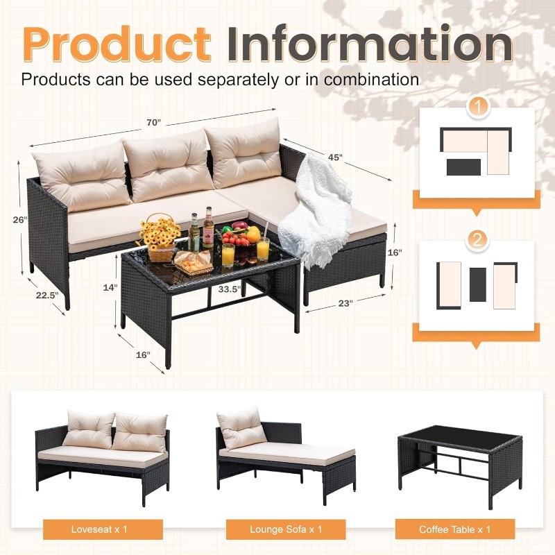 Outdoor Patio Furniture 3-Piece Rattan Waterproof Sectional L Shaped Sofa Couch