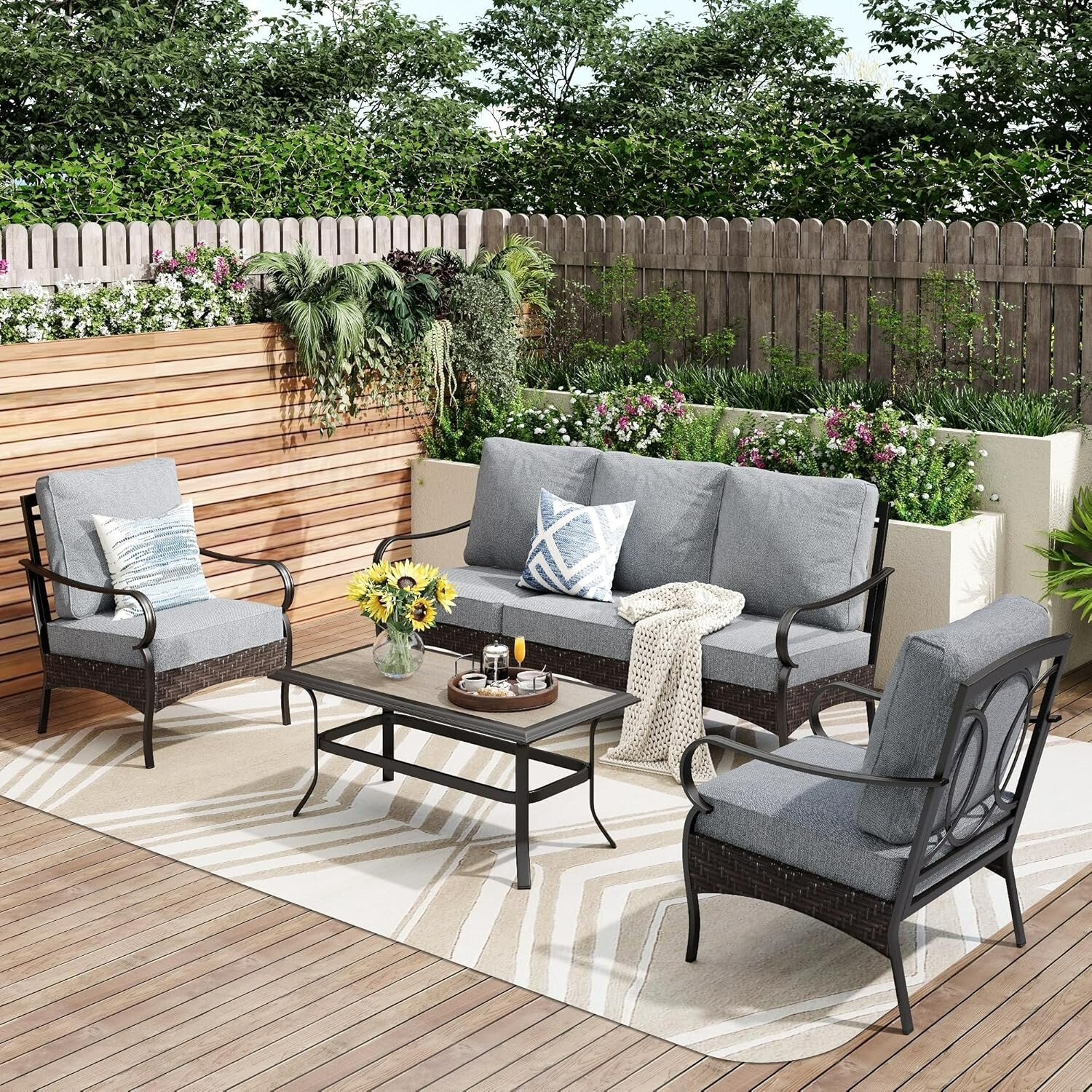 4 Piece Outdoor Sectional Sofa Set with Coffee Table Garden Patio Furniture Set