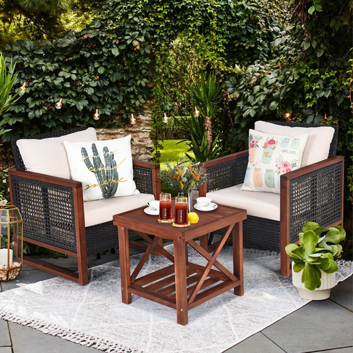 Patio 3PCS Rattan Furniture Set Solid Wood Frame Cushion Sofa Square Table Beige