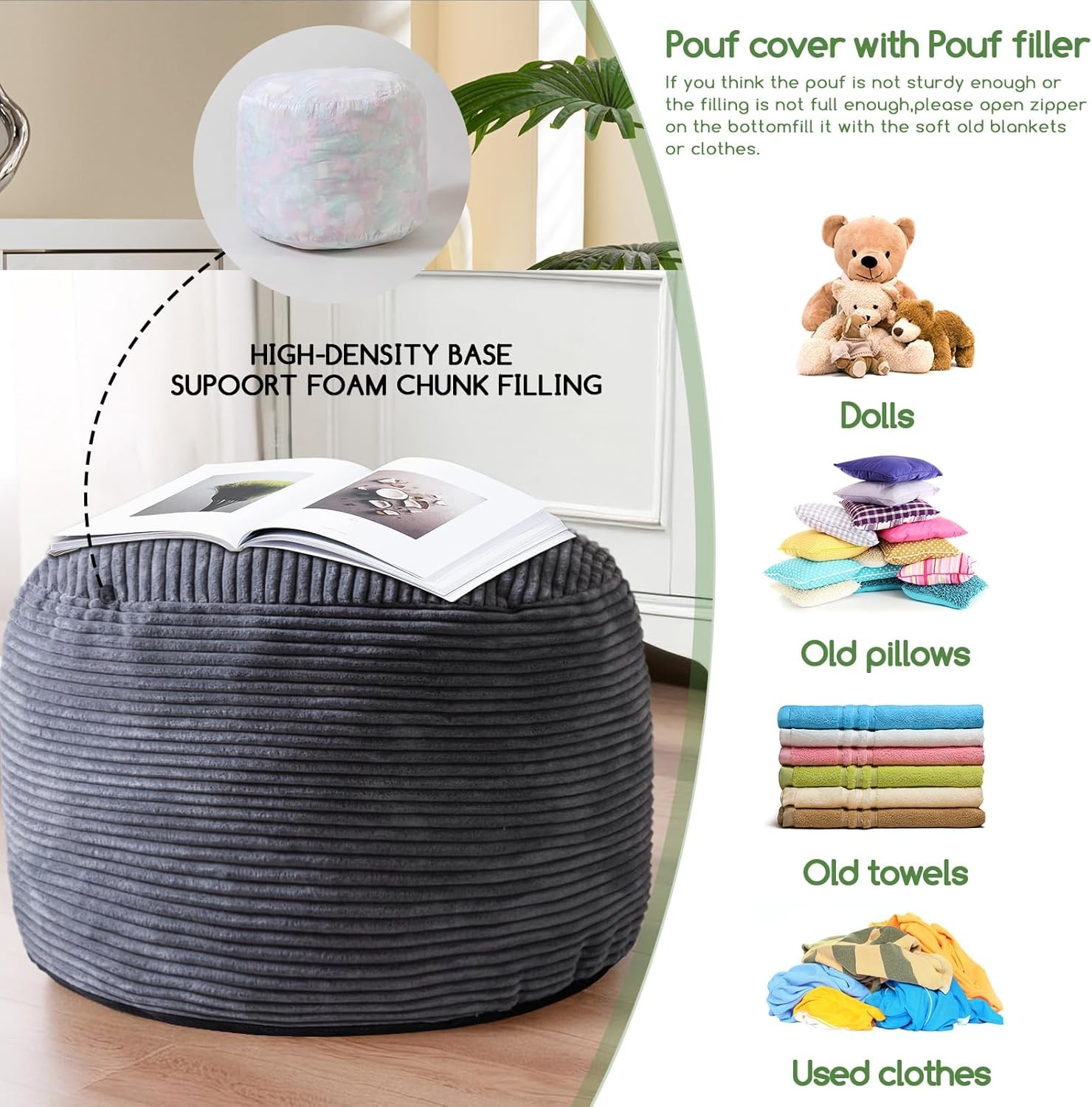 HIGOGOGO Round Stuffed Pouf Ottoman, Corduroy Poufs with 20 inch, Dark Grey