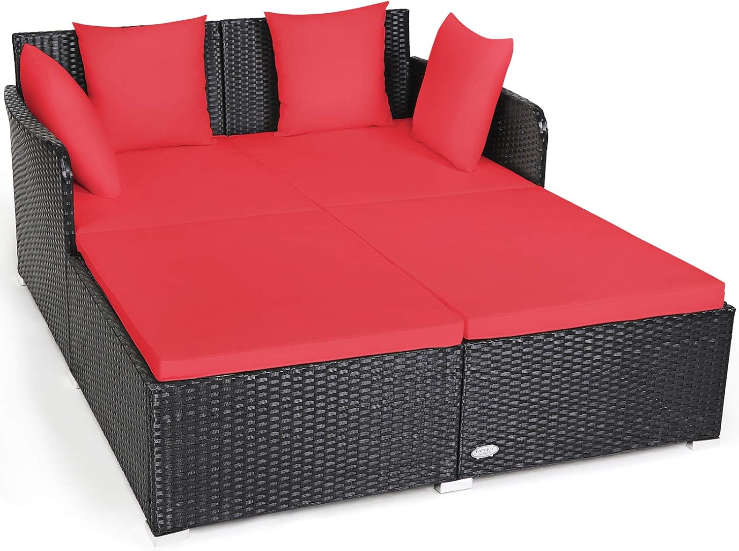 Red Outdoor Rattan Daybed Sofa with Cushions & 4 Pillows for Patio Relaxation