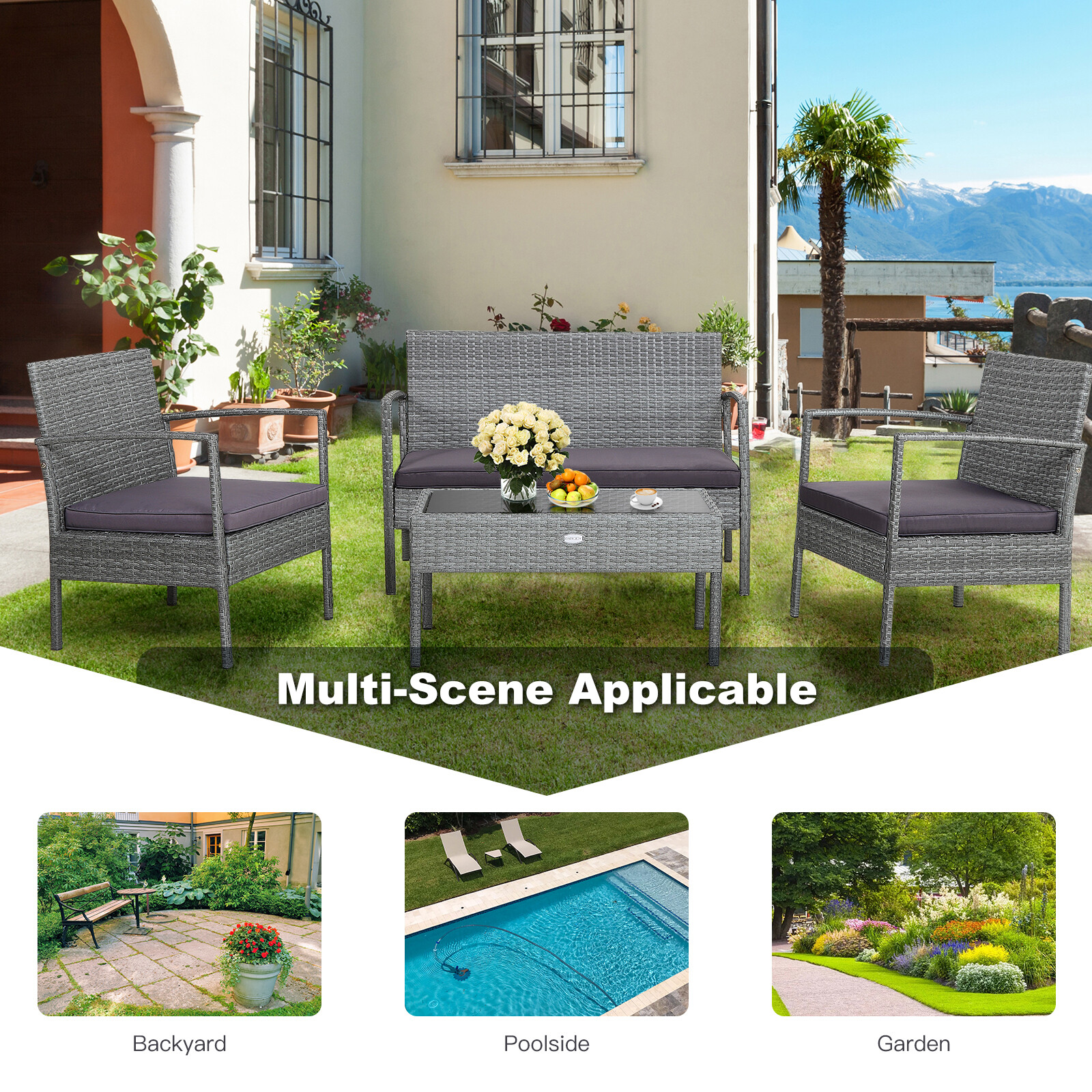 Patiojoy Patio Rattan 4PCS/8PCS Cushioned Chair Side Table Classic Furniture