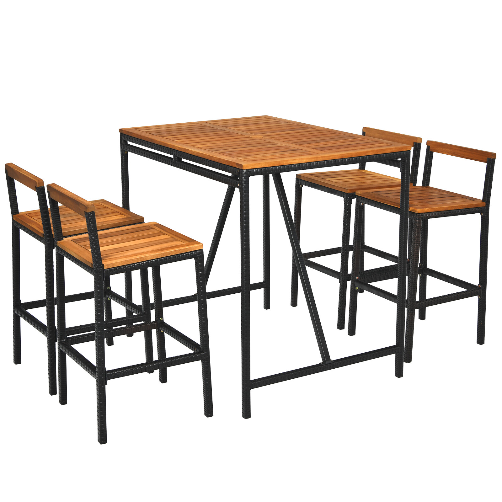 Patiojoy 5PCS Patio Rattan Dinning Set with Umbrella Hole Wood High-Dining