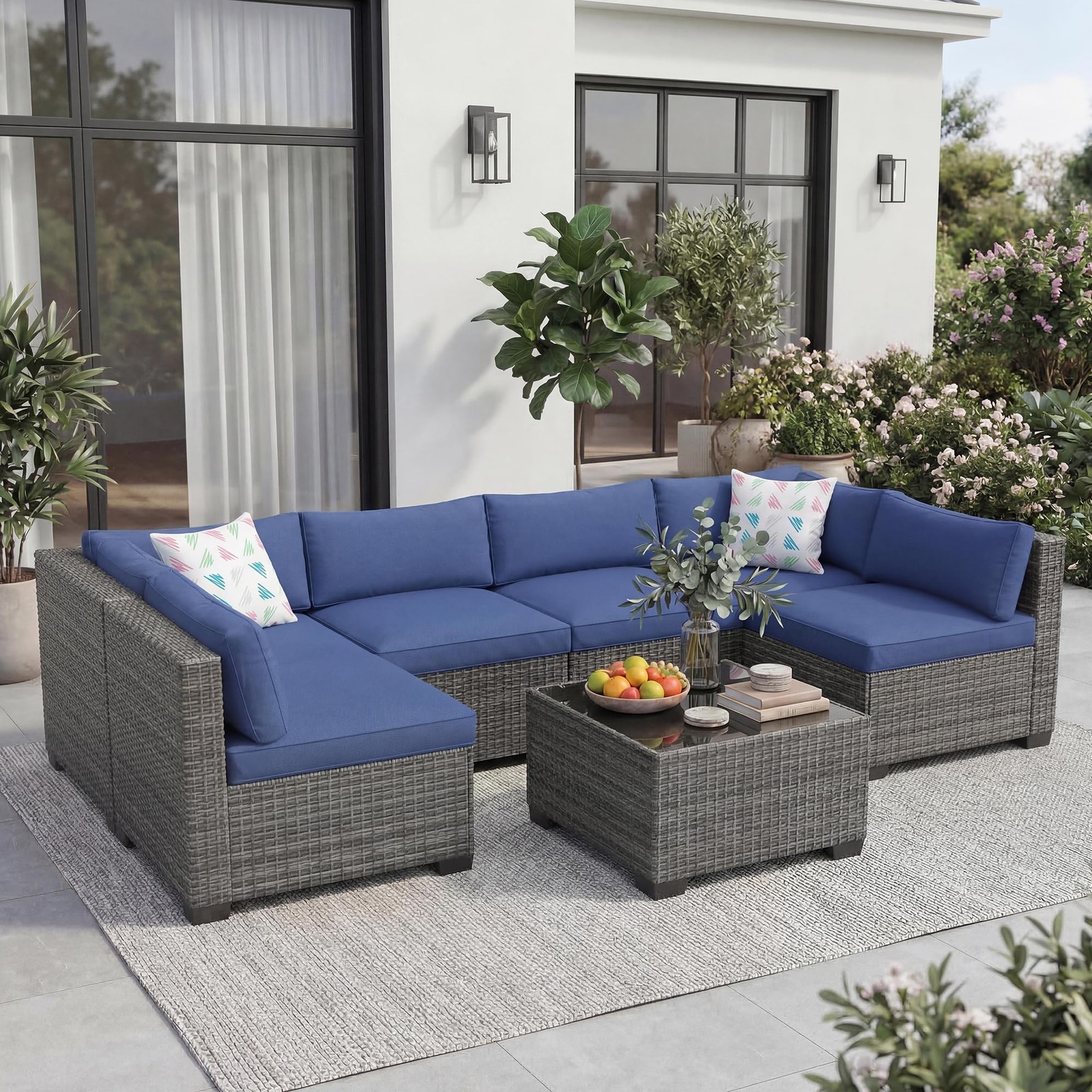 Modular Rattan Patio Set 7Pcs Sofa Coffee Table Thick Water-Resistant Cushions