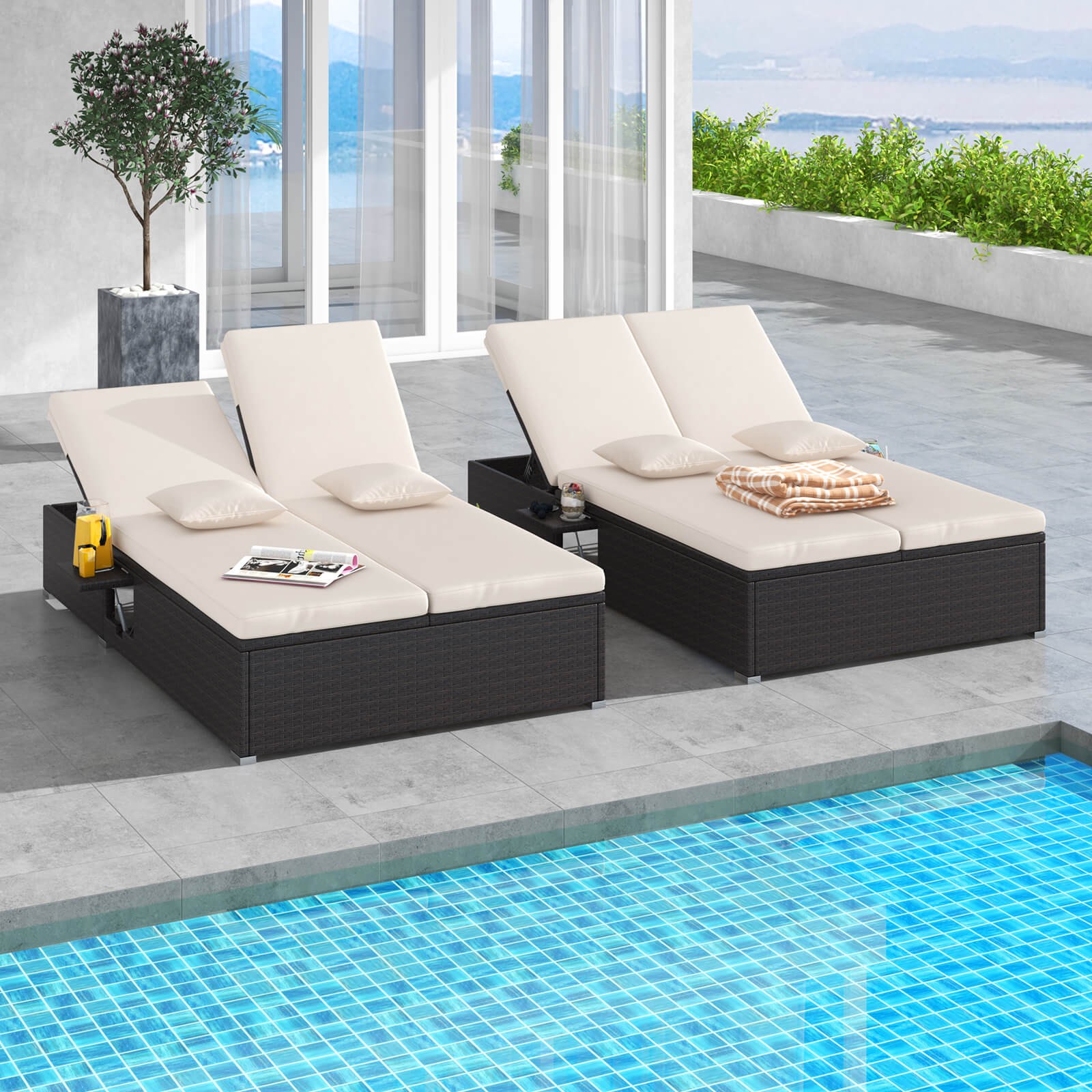Patio Daybed PE Wicker Double Chaise Lounge w/ Adjustable Backrests