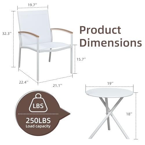 3 Pieces Patio Bistro Sets, Outdoor Textilene Fabric Conversation Bistro White