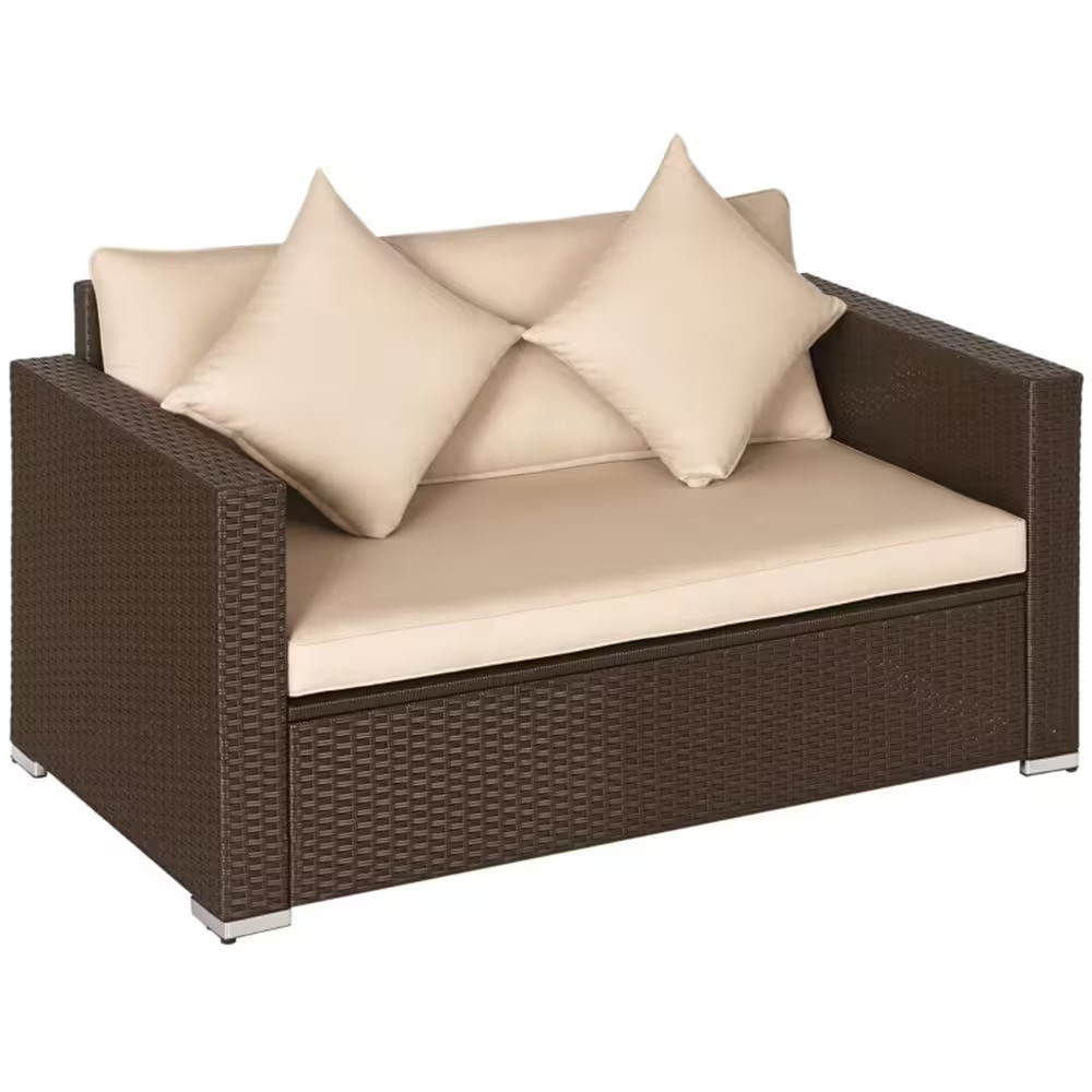 Wicker Outdoor Patio Brown Loveseat with Adjustable Feet Pads and Beige Cushion
