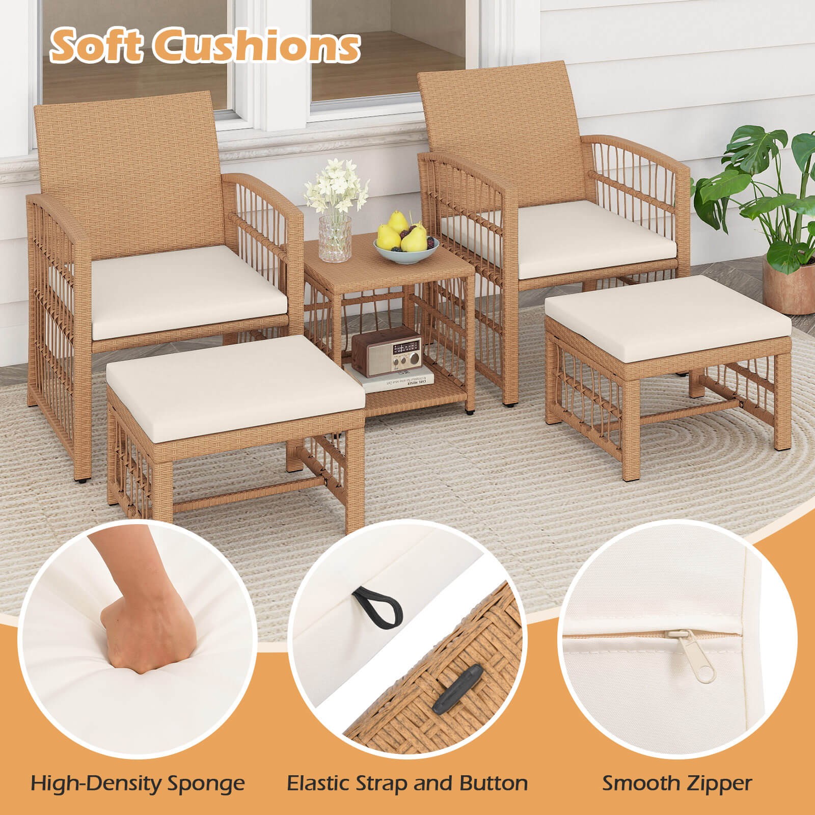5 Pieces Patio Conversation Set PE Rattan Balcony Furniture Set with Cushions
