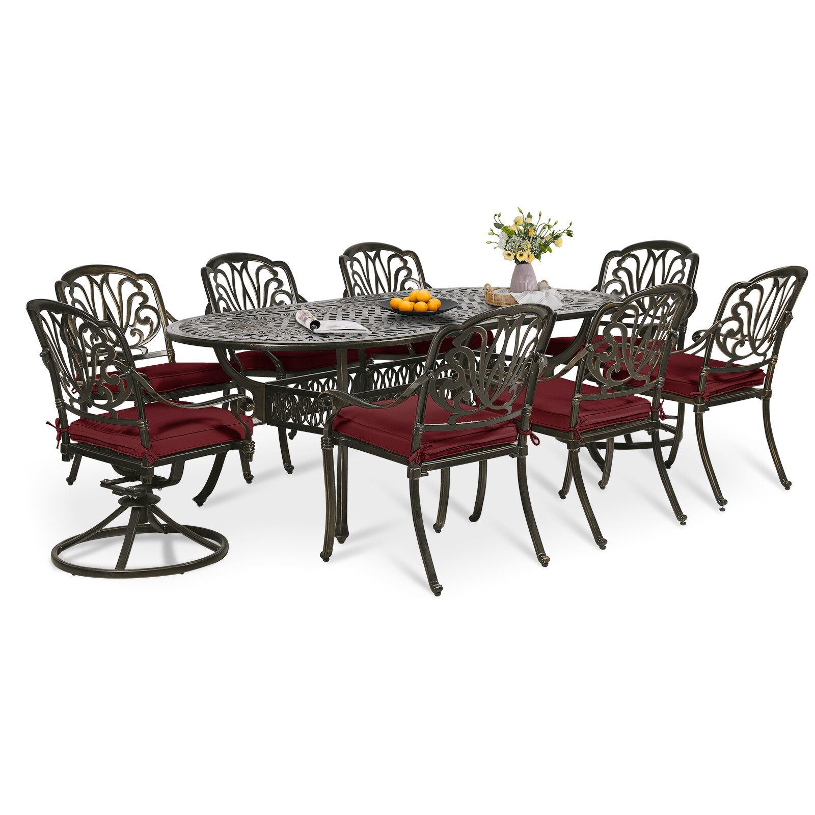 9-Piece Patio Dining Set Outdoor Patio Table and Chair Set 6 Stationary 2 Swivel