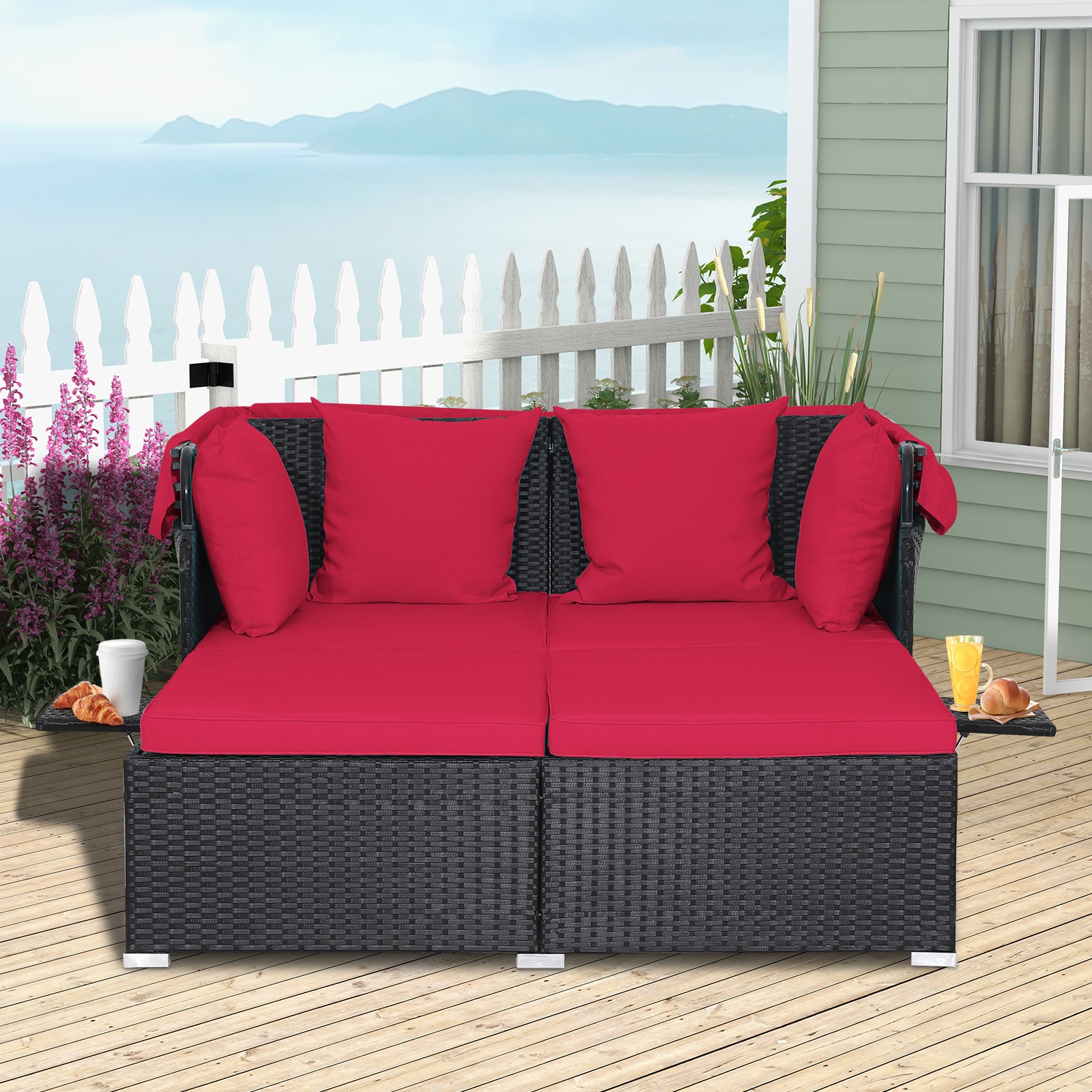 Topbuy Outdoor Daybed with Retractable Canopy PE Rattan Sunbed with Soft
