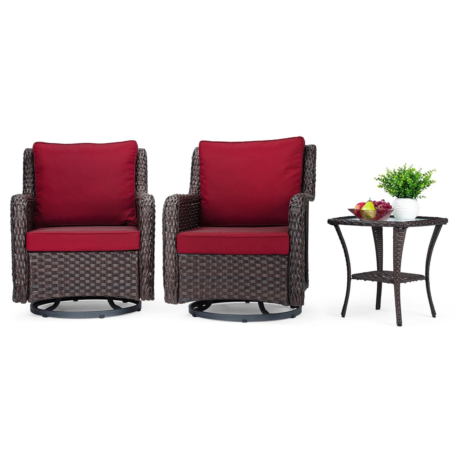 3pcs Outdoor Patio Swivel Rocker Chair Set, Wicker Bistro Chairs Set Furniture