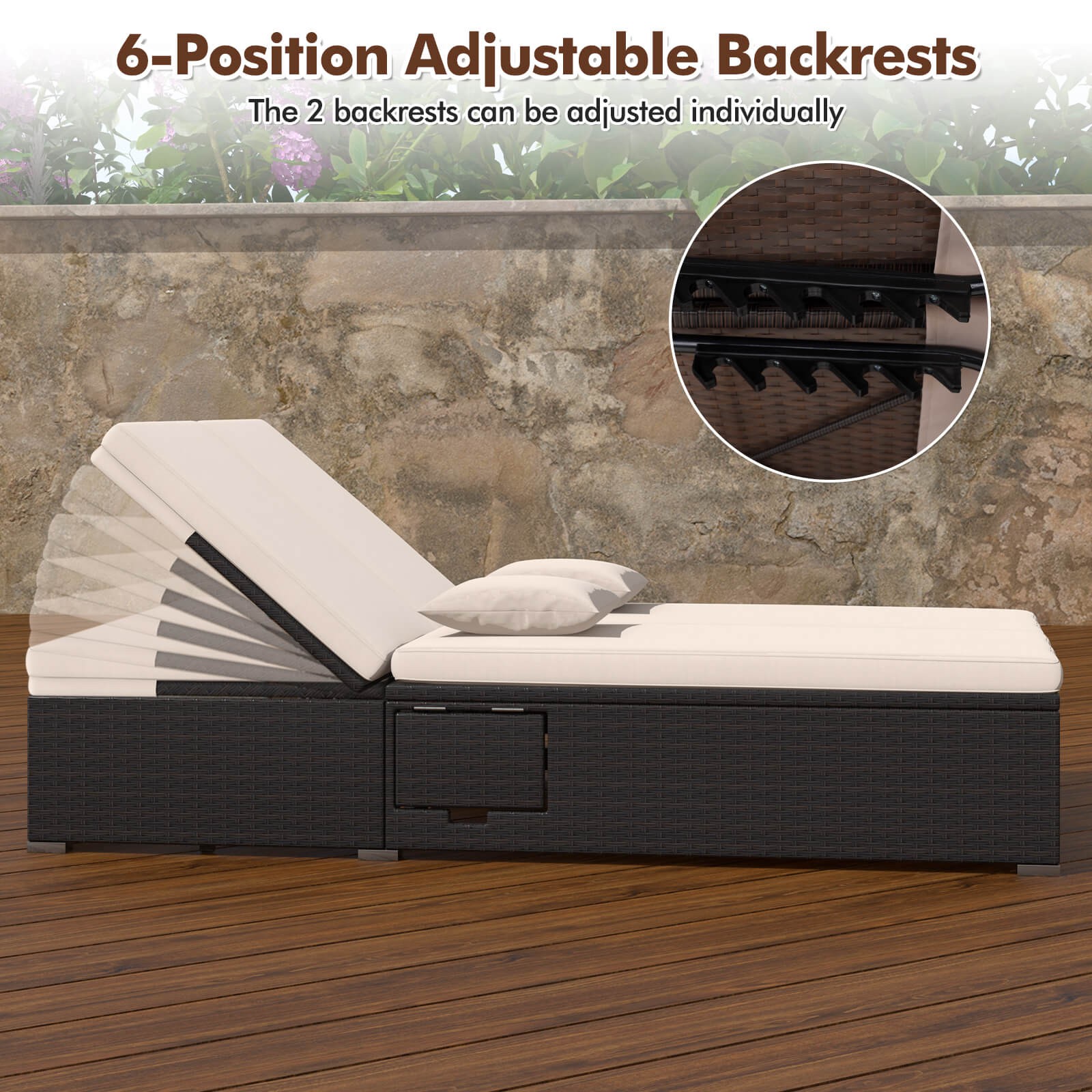 Patio Daybed PE Wicker Double Chaise Lounge w/ Adjustable Backrests