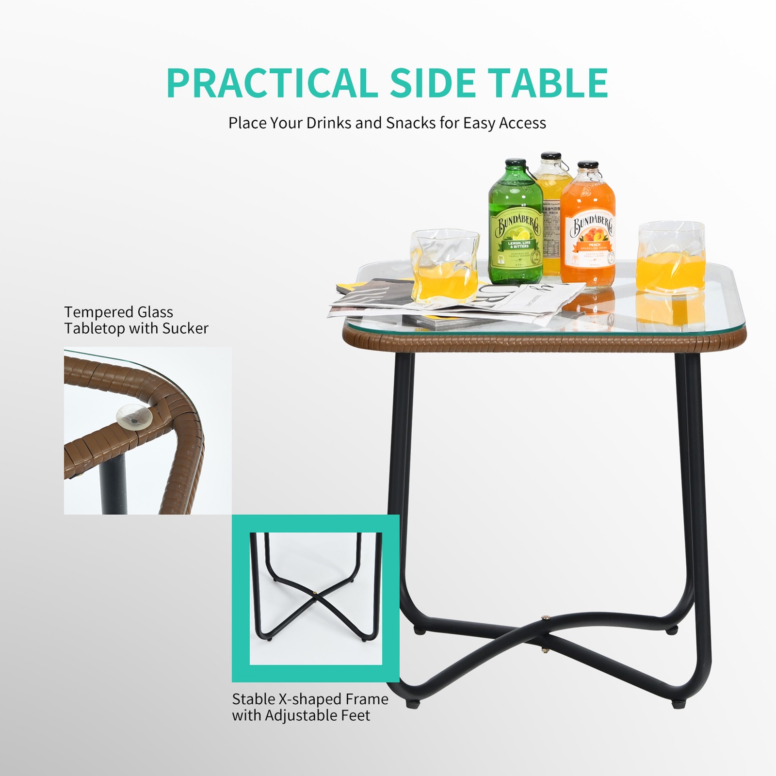3PCS Outdoor Bistro Set Patio Conversation Furniture Set w/ Turquoise Cushions