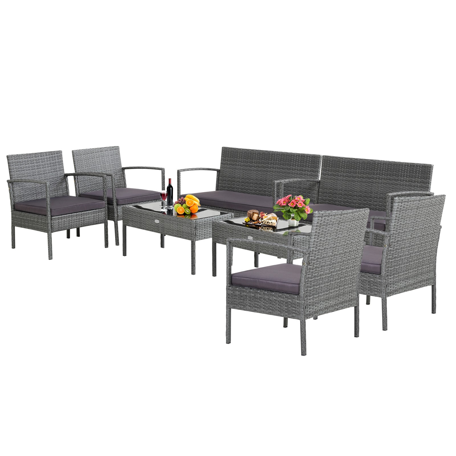 Patiojoy 8 PCS Outdoor Rattan Furniture Set Steel Frame Comfortable Cushion Deck