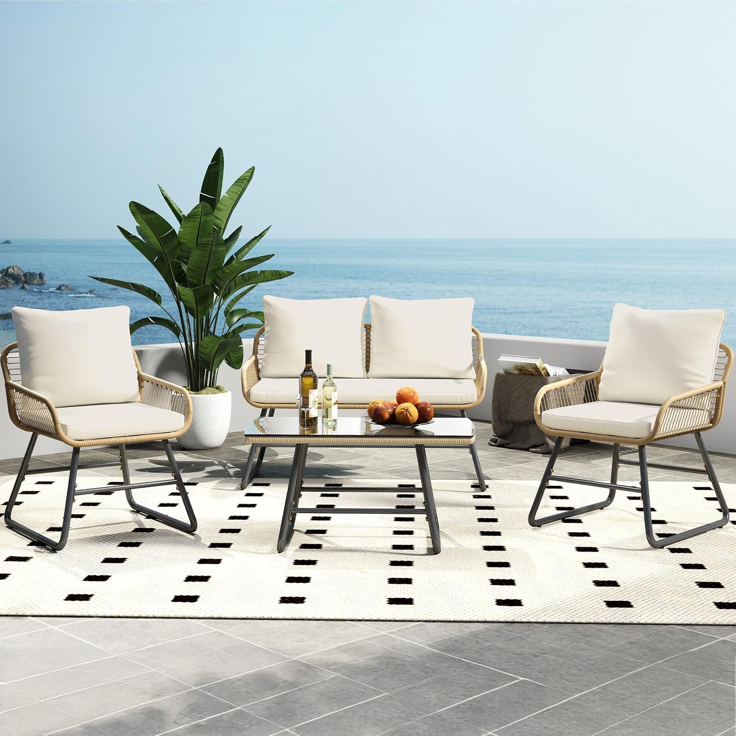 4 Piece Patio Furniture Set Wicker Conversation Sets Tan/Cream Outdoor Boho