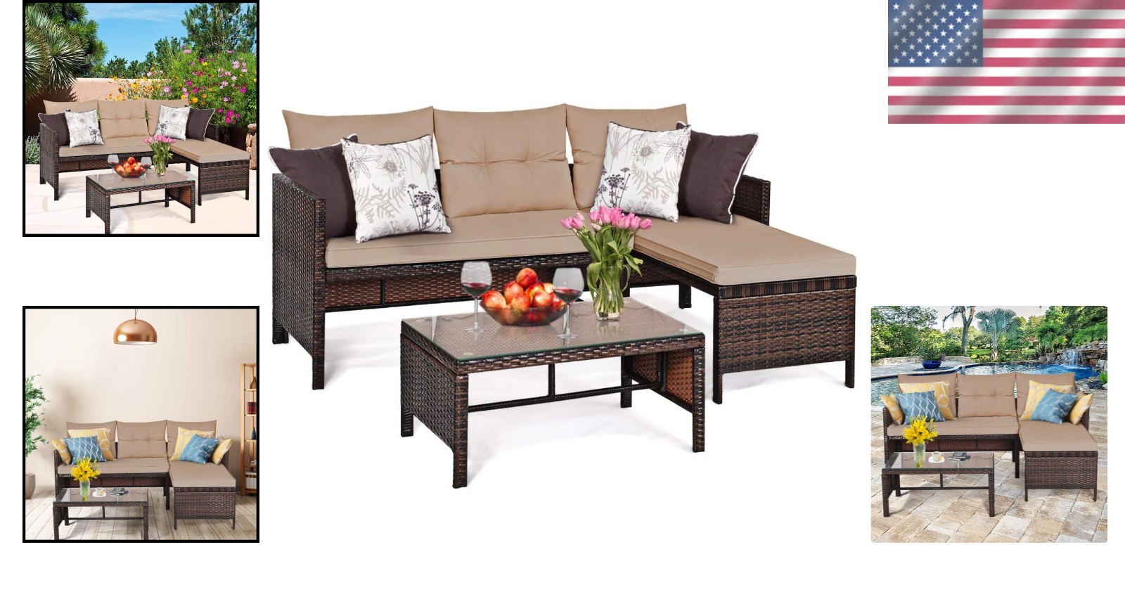 3-Piece Patio Corner Sofa Set with Coffee Table