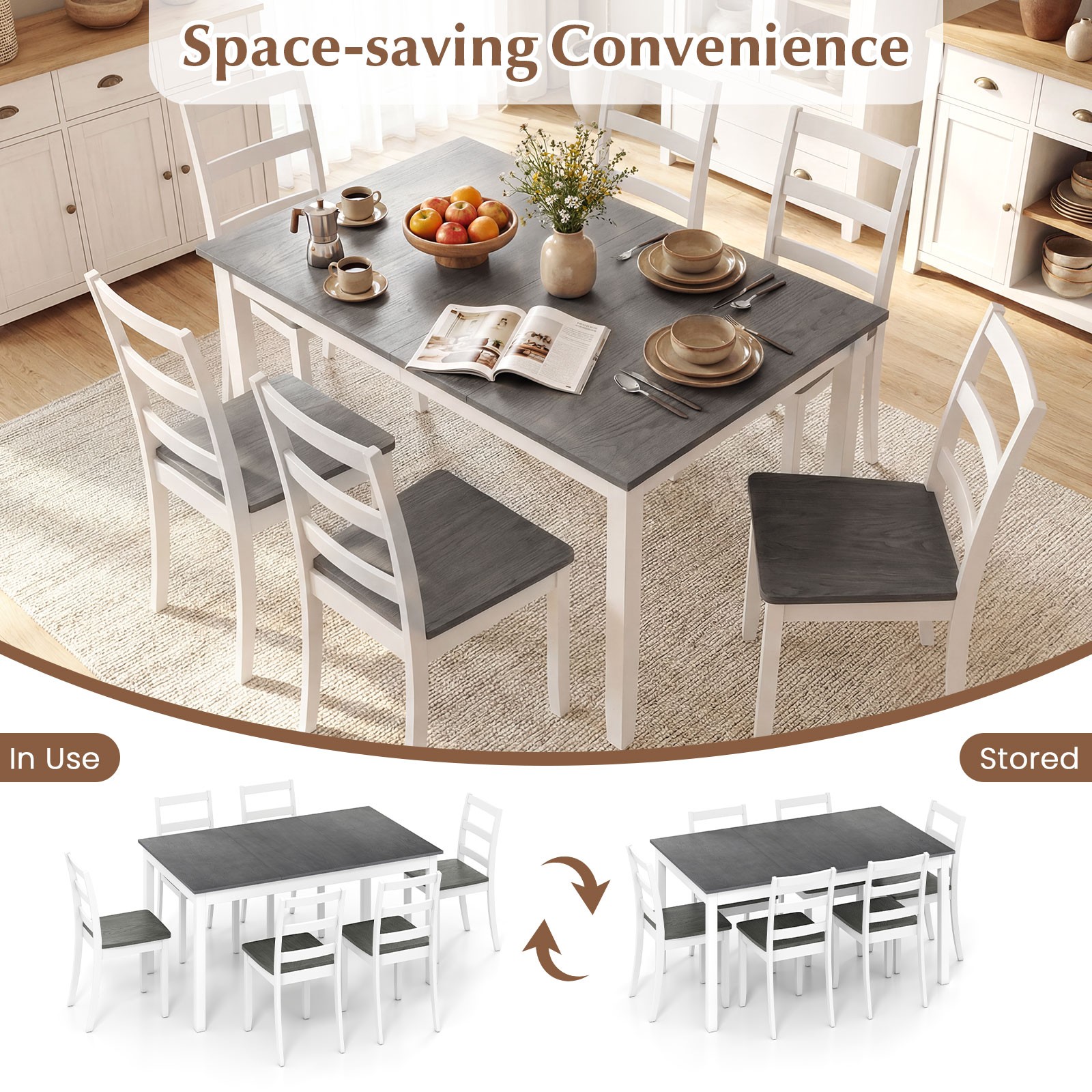 7-Piece Dining Set Solid Wood Kitchen Furniture w/ 6 Chairs & Rectangular Table